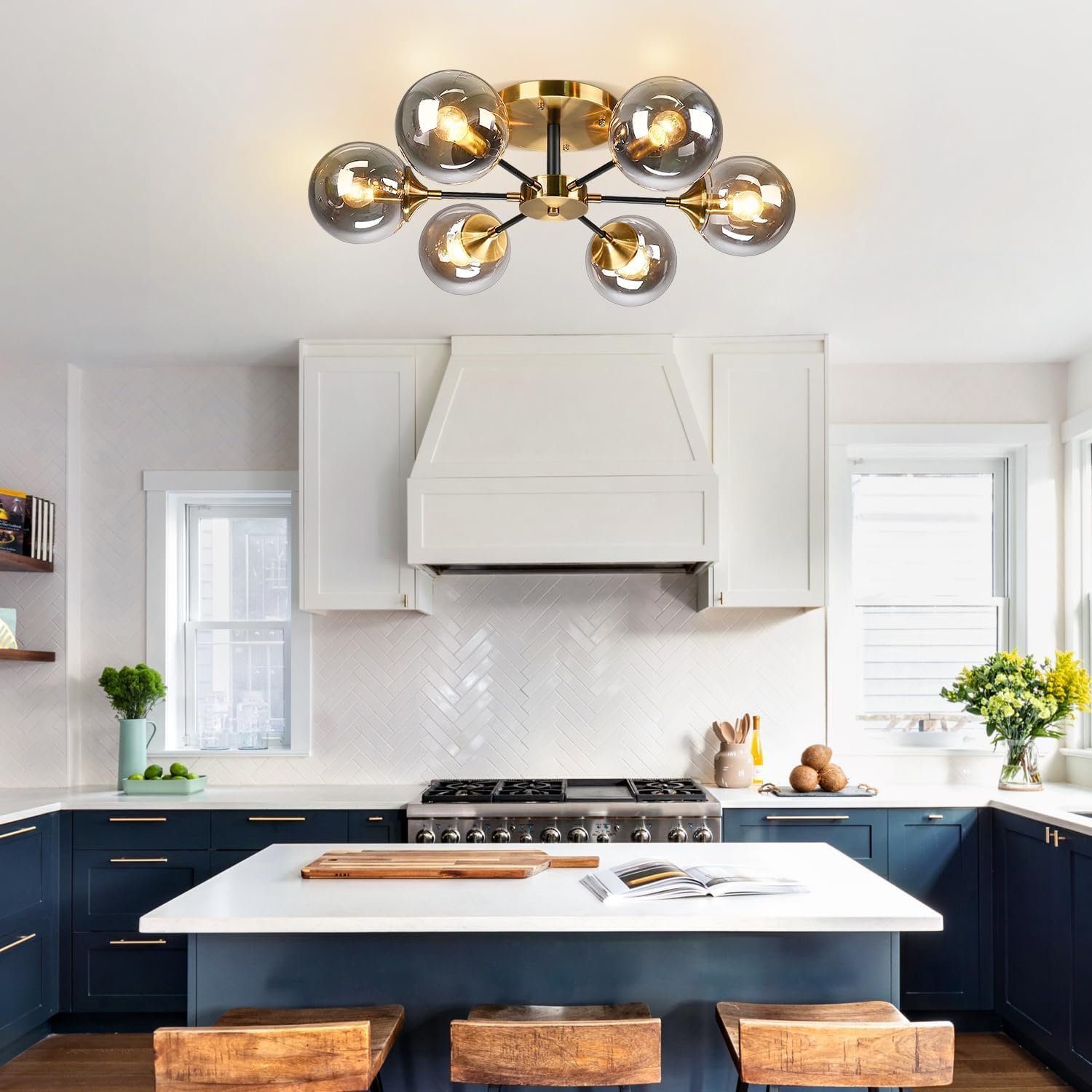 Kco Lighting 6-Light Modern Gold Globe Ceiling Light Brushed Brass Metal Close To Ceiling Lighting Fixture Bathroom Mid Century