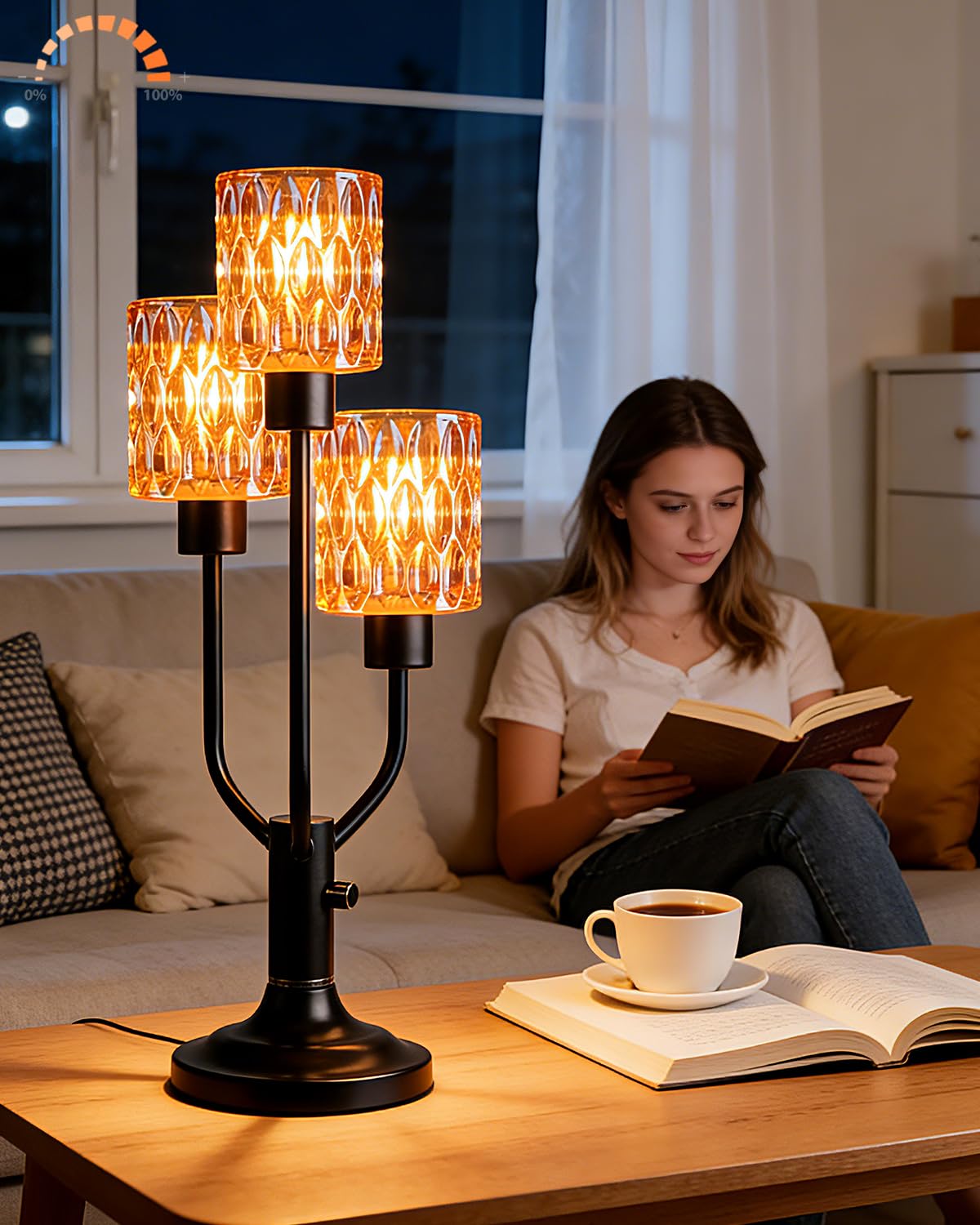 Lightdot Modern Glass Table Lamp Dimmable Mid Century 3-Light Black Desk Lamp with Brown Glass Shade& Bulb Included 3000K Warmwhite Nightstand Lamp for Bedroom Bedside End Table