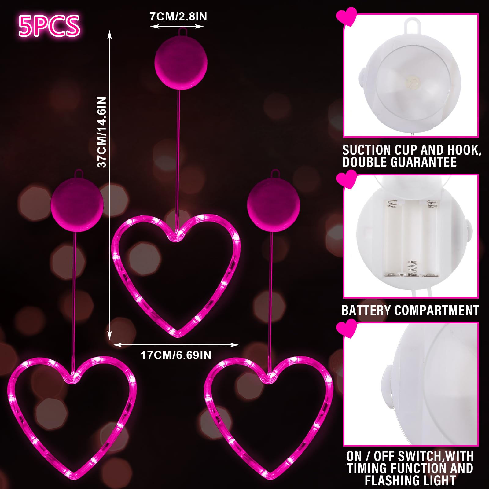 Baquler 5 Pcs Battery Operated Heart LED Lights, Pink, Timed with Suction Cup, Model SIL-Baquler-2028 for Valentines Day Decor