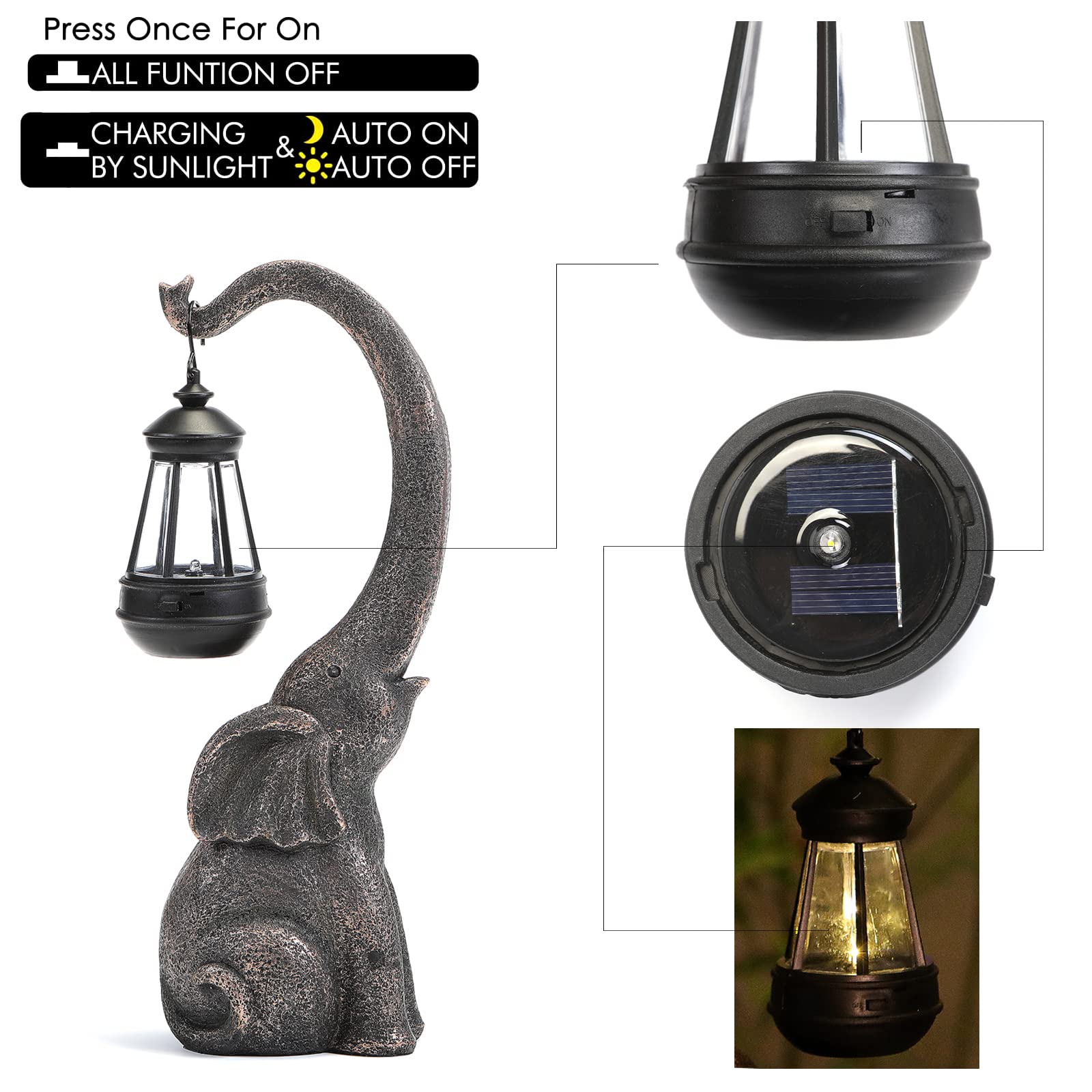 Ivcoole 15&quot; Gray Elephant Solar Garden Statue - Outdoor Christmas Decor Gift For Women & Family