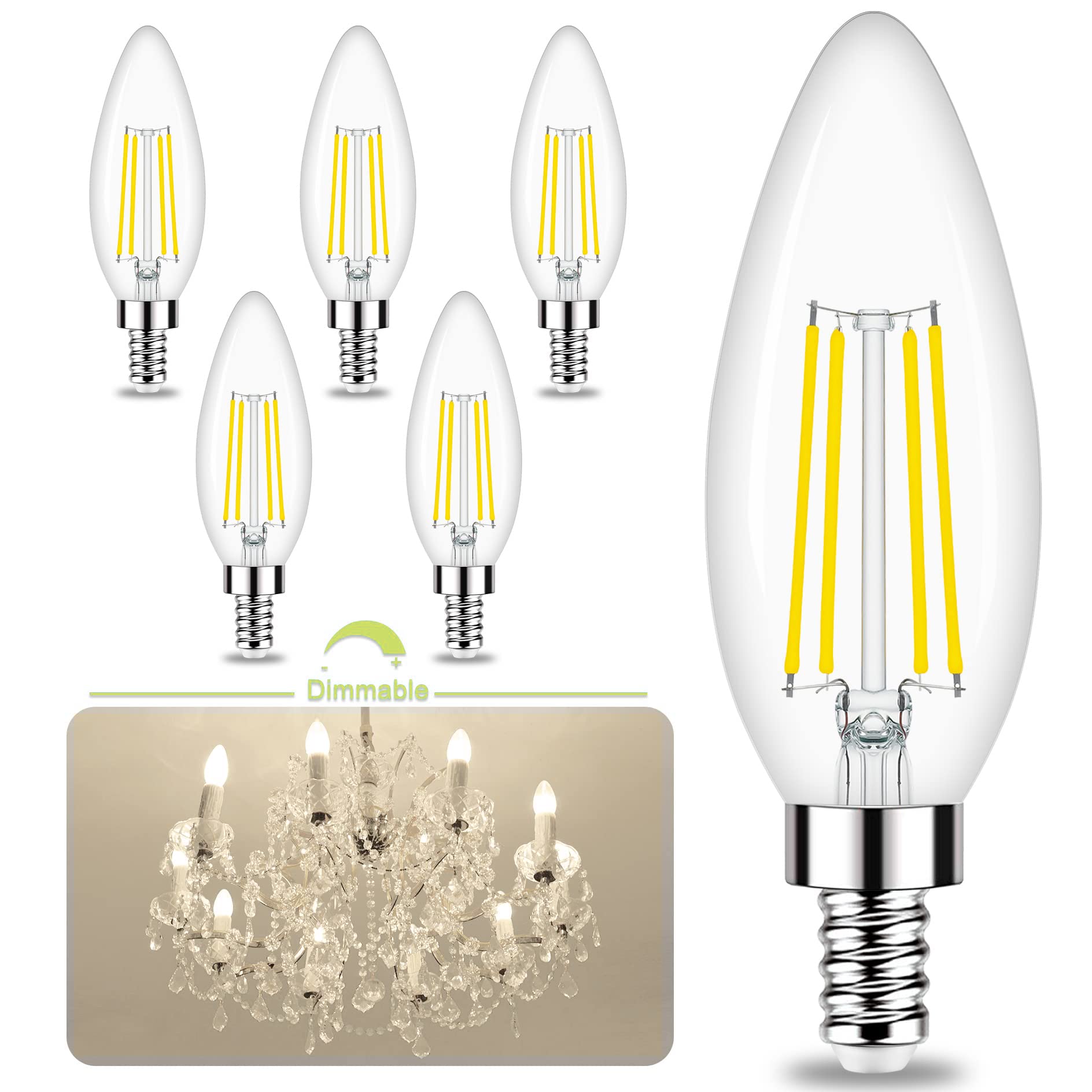 Honesorn E12 Led Bulbs, 4W(60W Equivalent Candelabra Led Light Bulbs, 4000K Natural White Chandelier Light Bulbs, 600Lm Clear Gl