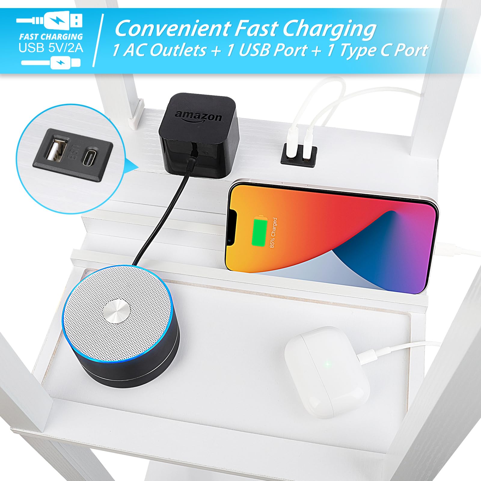 Shine Hai Shelf Lamp, Modern Standing Lights With 1 Usb Port And 1 Type C Port And 1 Power Outlet, 3-Tiered Display Floor Lamps