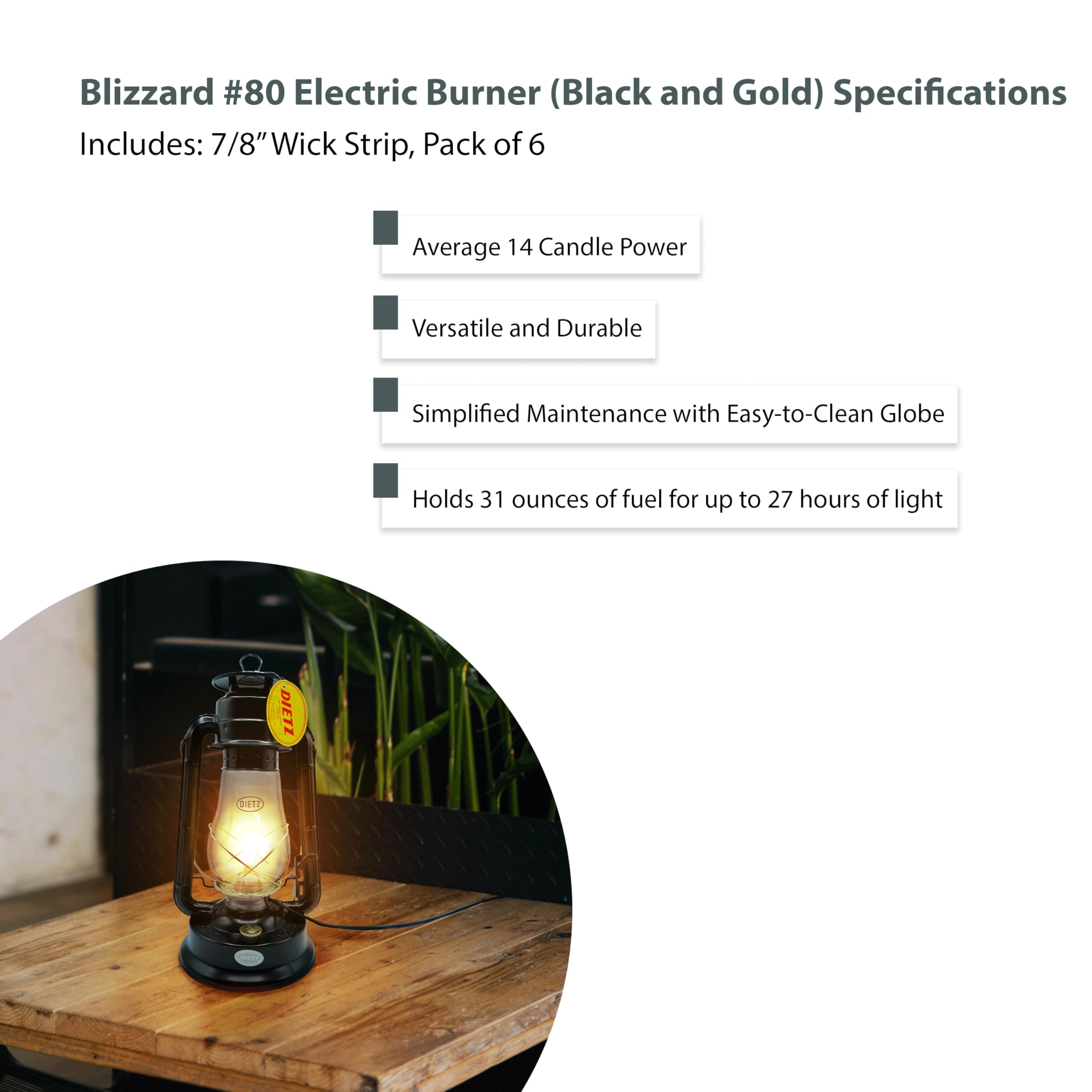 Light of Mine - Dietz #80 Blizzard Oil Lantern with 7/8 Replacement Wick Strips (Black with Gold Trim with Electric Conversion K