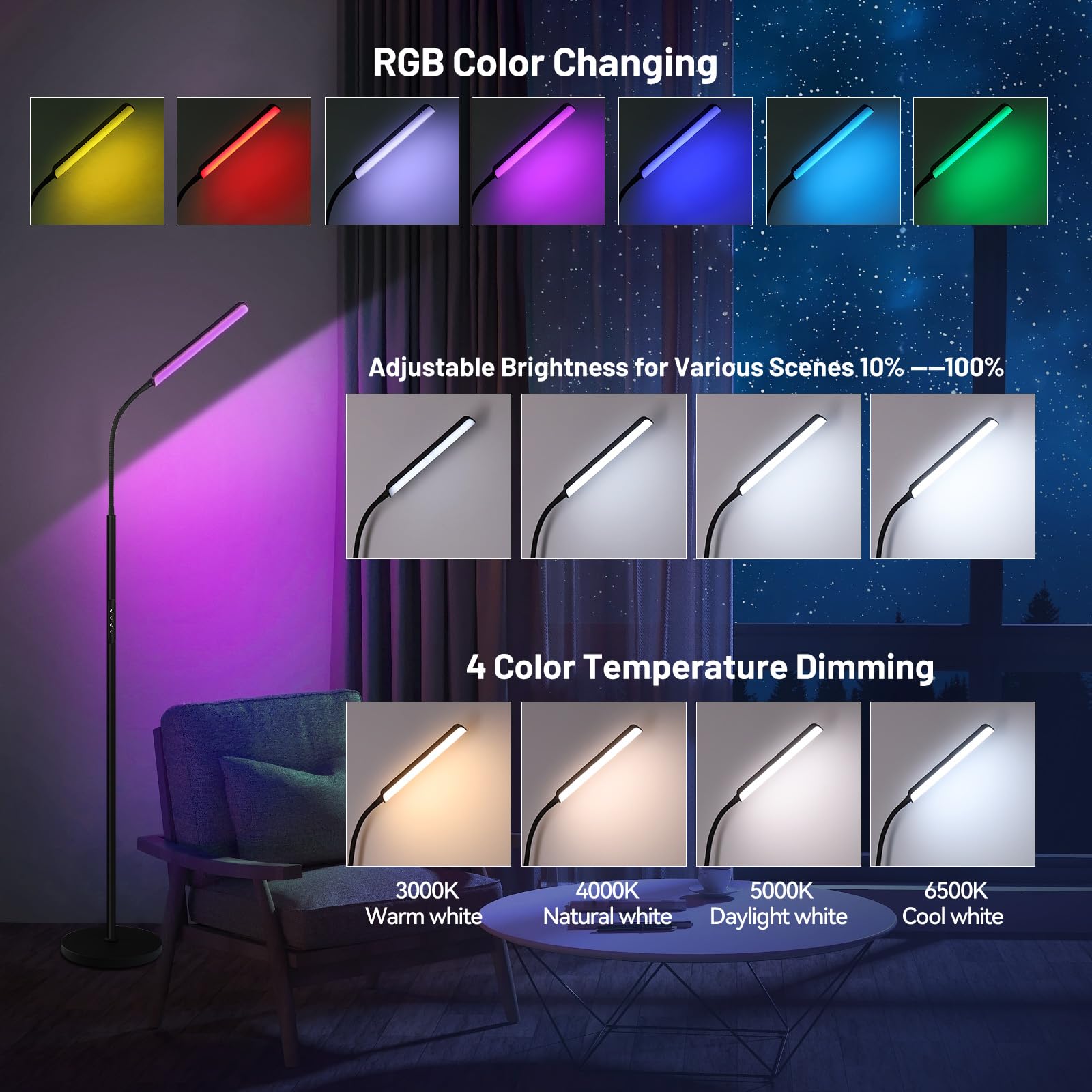 Dimunt LED Floor Lamp - 15W RGB Dimmable Corner Light, 3000K-6500K, Remote & Touch Control, Adjustable Gooseneck, Black+RGB, Model
