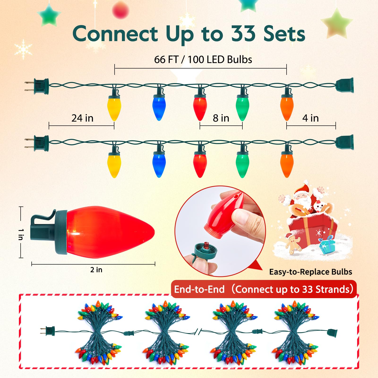 Brightown C9 LED Christmas String Lights, 2 Pack 66ft, Opaque Multicolor, 100 Bulbs, Plug-in Vintage Outdoor Decor