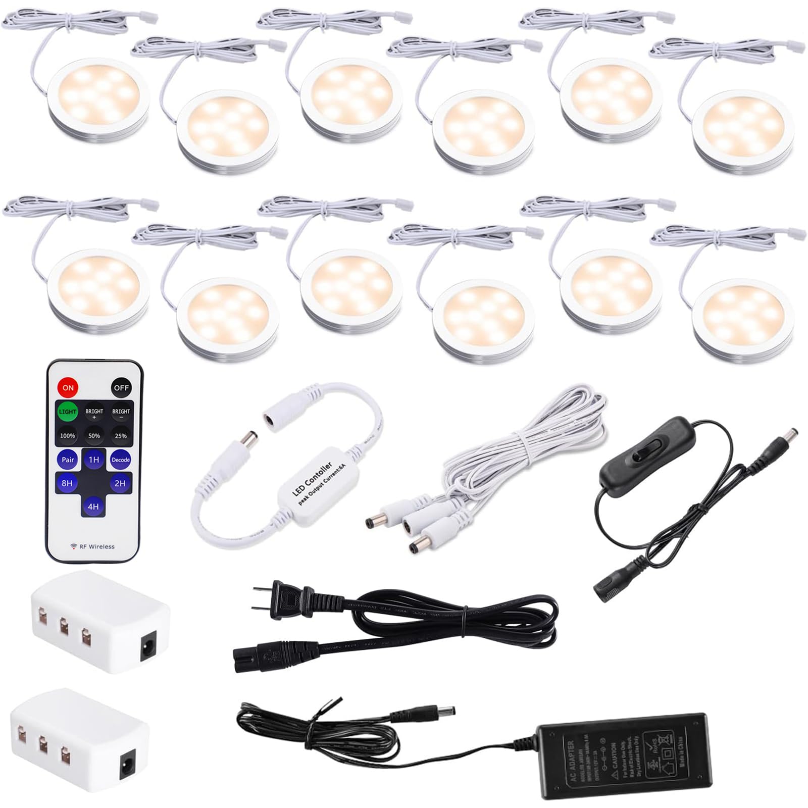 AIBOO LED Puck Lights Kit with Wireless Remote, 12v Warm White, Model YK-300000197, Ideal for Kitchen Counter, Closet, and Shelves
