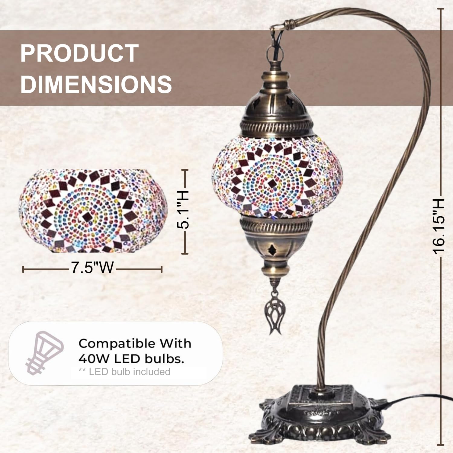 Kafthan Turkish Moroccan Mosaic Lamp - Handmade Glass Bedside Lamp, Antique Brass Base, Multicolor Center Circle, Model KH-MSNML48908