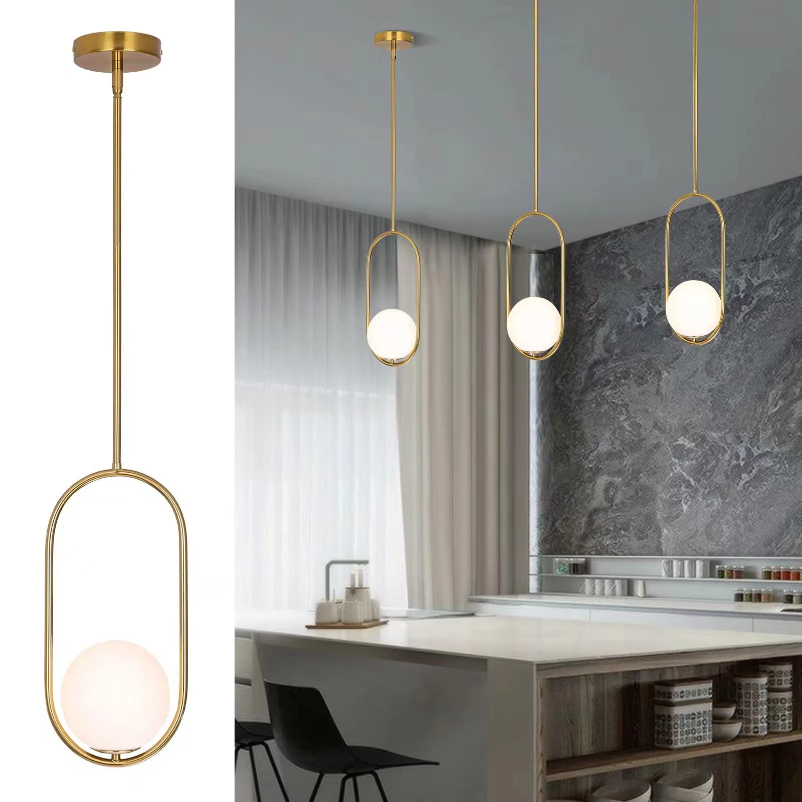 SeeU Modern Pendant Light Fixture, 1 Light Chandelier, Gold Metal, Adjustable Length, Model 792332766500