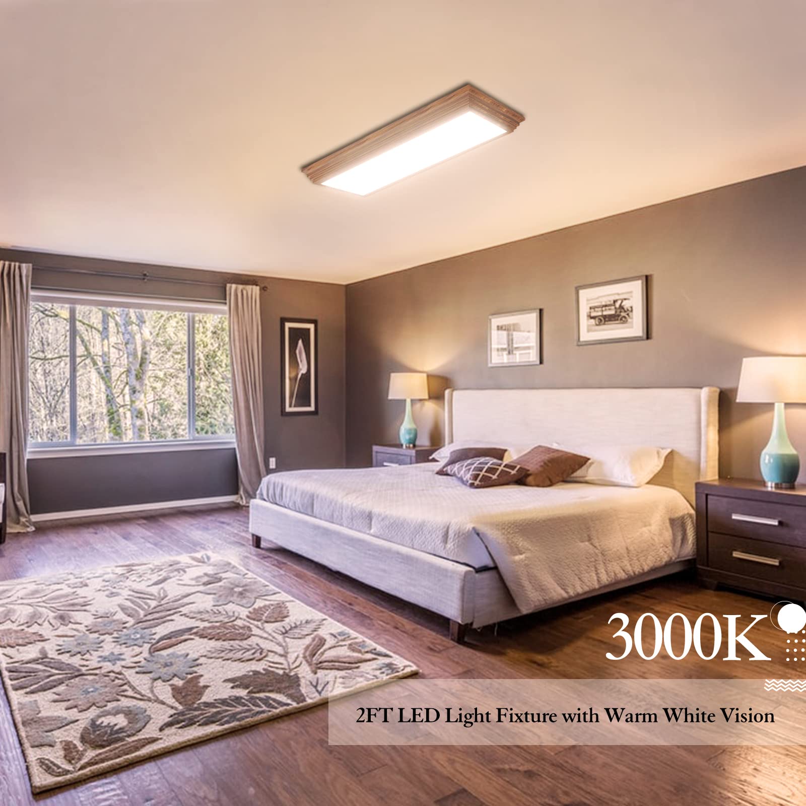 Faithsail 2Ft Led Light Fixture With 3000K/4000K/5000K Cct Selectable Dimmable 2 Foot Led Linear With Wooden Look 30W 3300Lm Flu