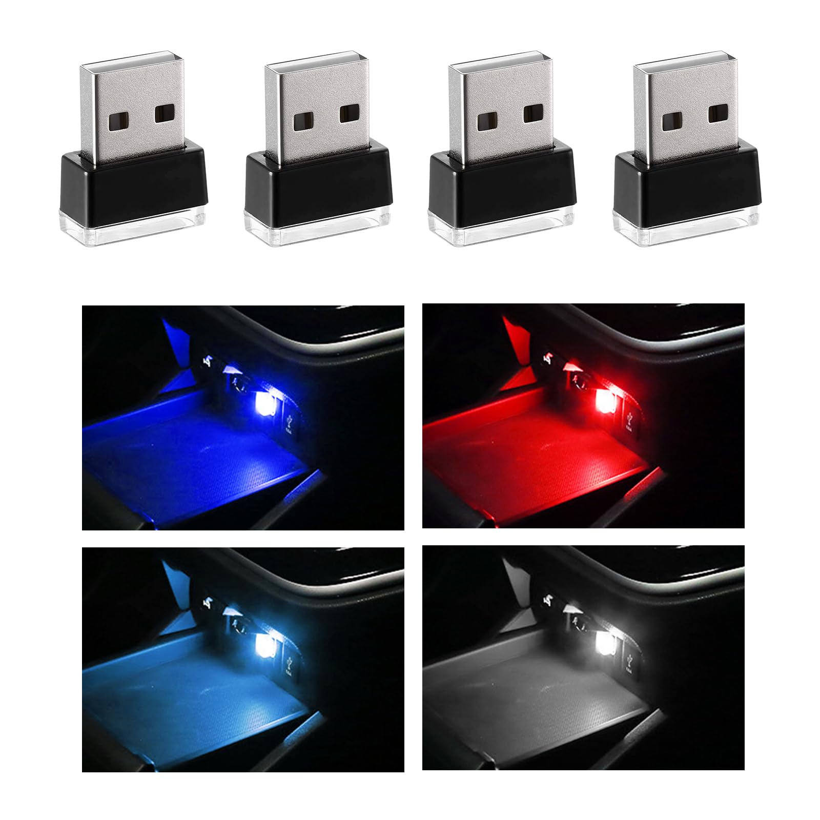 Sylvil 4 Pcs Usb Led Car Interior Atmosphere Lamp  Portable Mini Led Night Light  Plug-In Usb Interface Trunk Ambient Lighting Kit  Universal Interior Car Accessories (Blue+Red+Ice Blue+White)