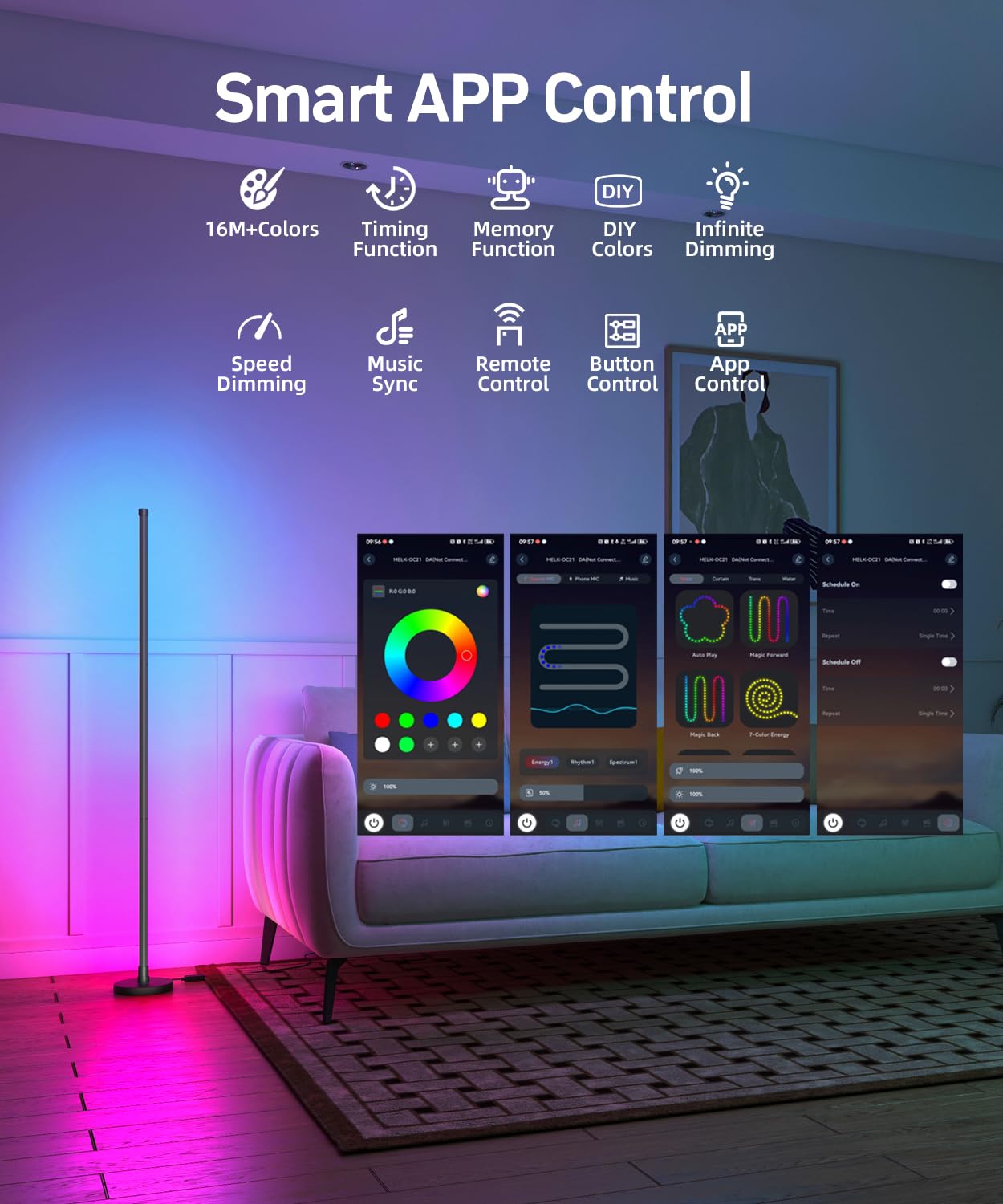 Bwgzh Corner Floor Lamp, Smart Rgb Led Corner Lamp With Music Sync And 16 Million Diy Colors, App & Remote Control, Color Changi