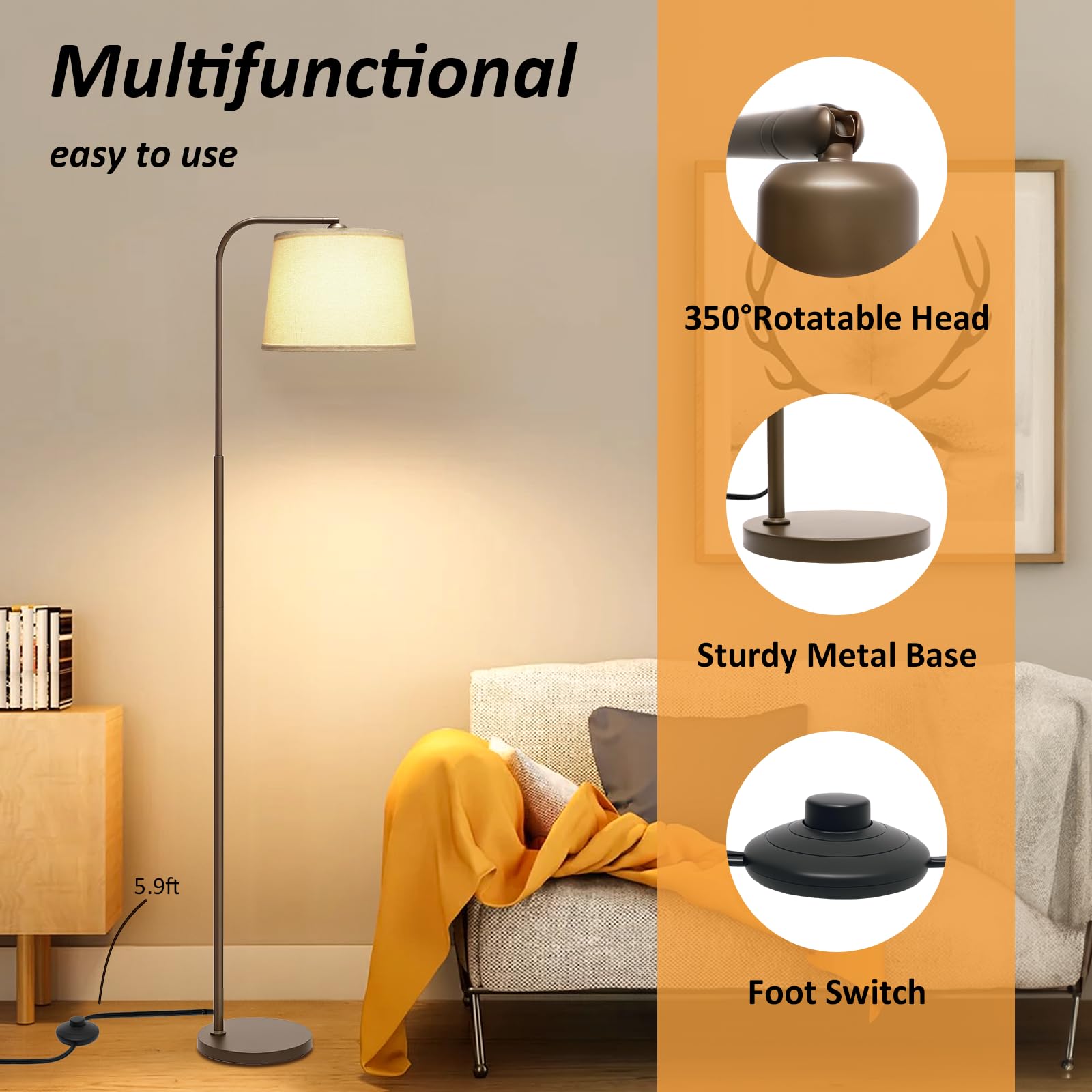 AKASUKI Floor Lamp with 3 Color Temperatures, Metal, Brown Base-Beige Shade, Model LT-1125, Includes 9W LED Bulb