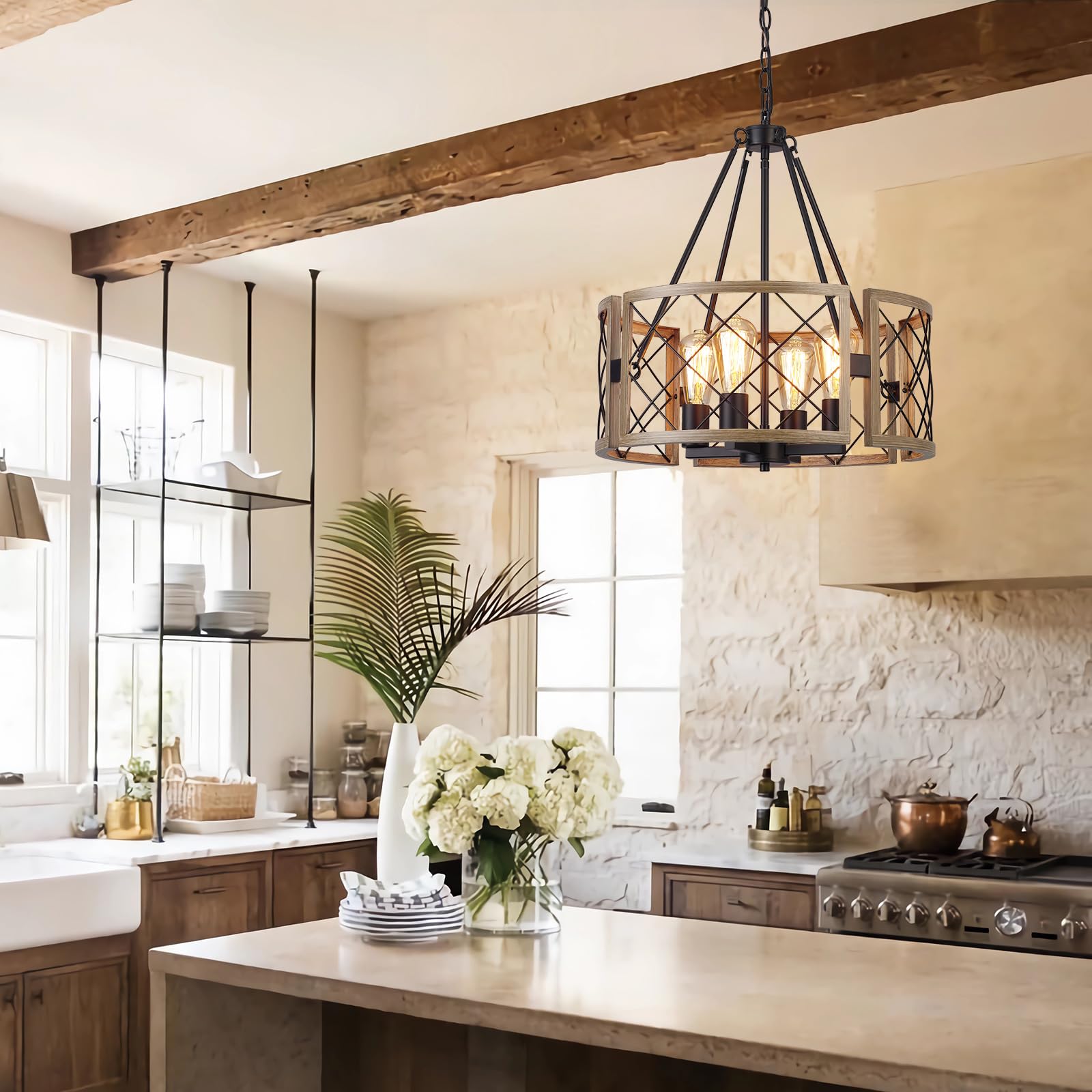 Santostock Modern Farmhouse Chandelier, Rustic 4-Light Dining Room Chandelier Light Fixture Kitchen Island Light, Adjustable Hanging Light For Bedroom Entryway Foyer Living Room, Grey Wood