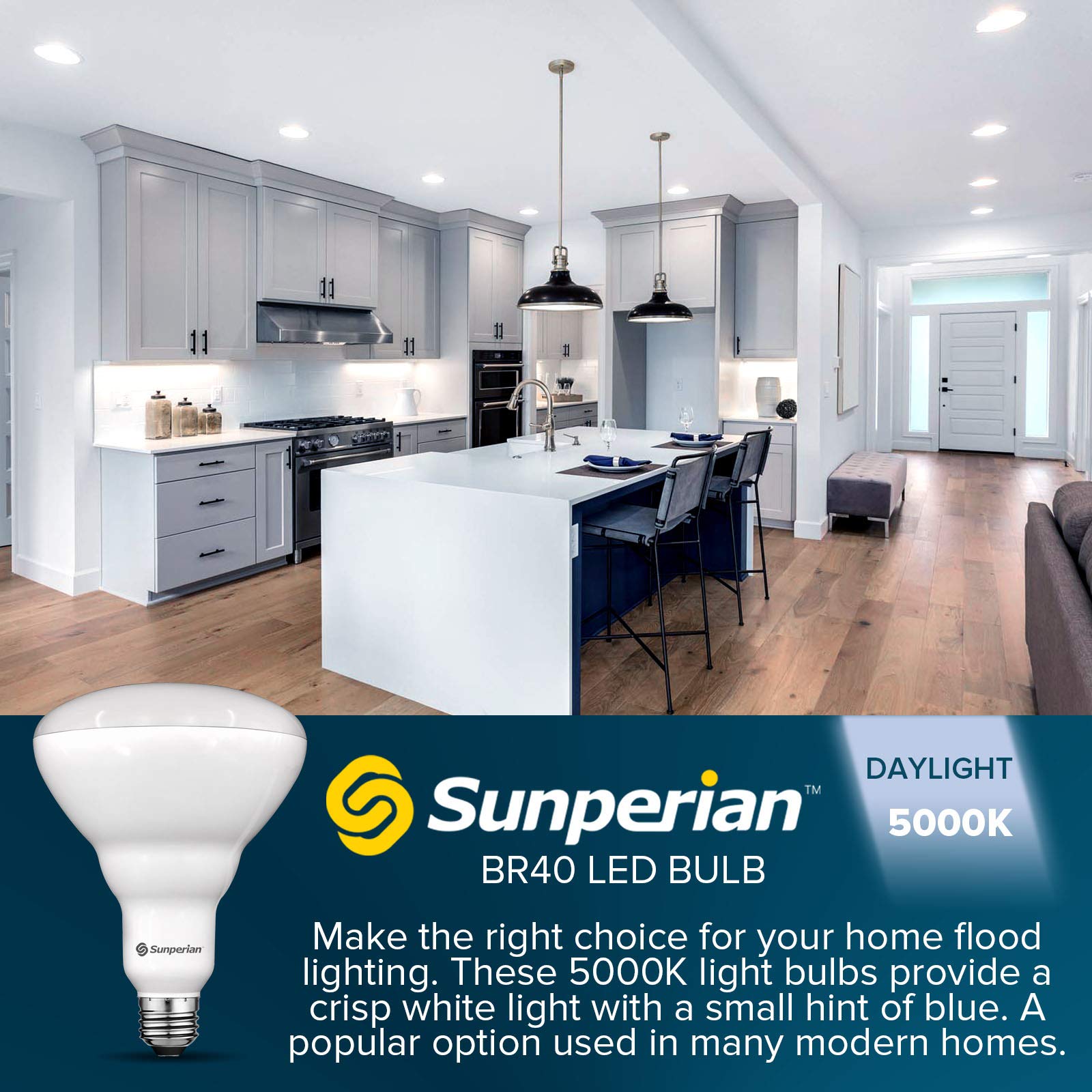 SUNPERIAN BR40 LED Light Bulbs, 13W=85W, 5000K Daylight, Dimmable, 1400 Lumens, 6 Count, E26 Base