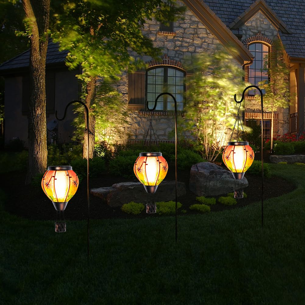 Starsoul Dragonfly Hot Air Balloon Solar Lantern Outdoor Glass Hanging Hot Air Balloon Lantern With Flame Light Waterproof For P
