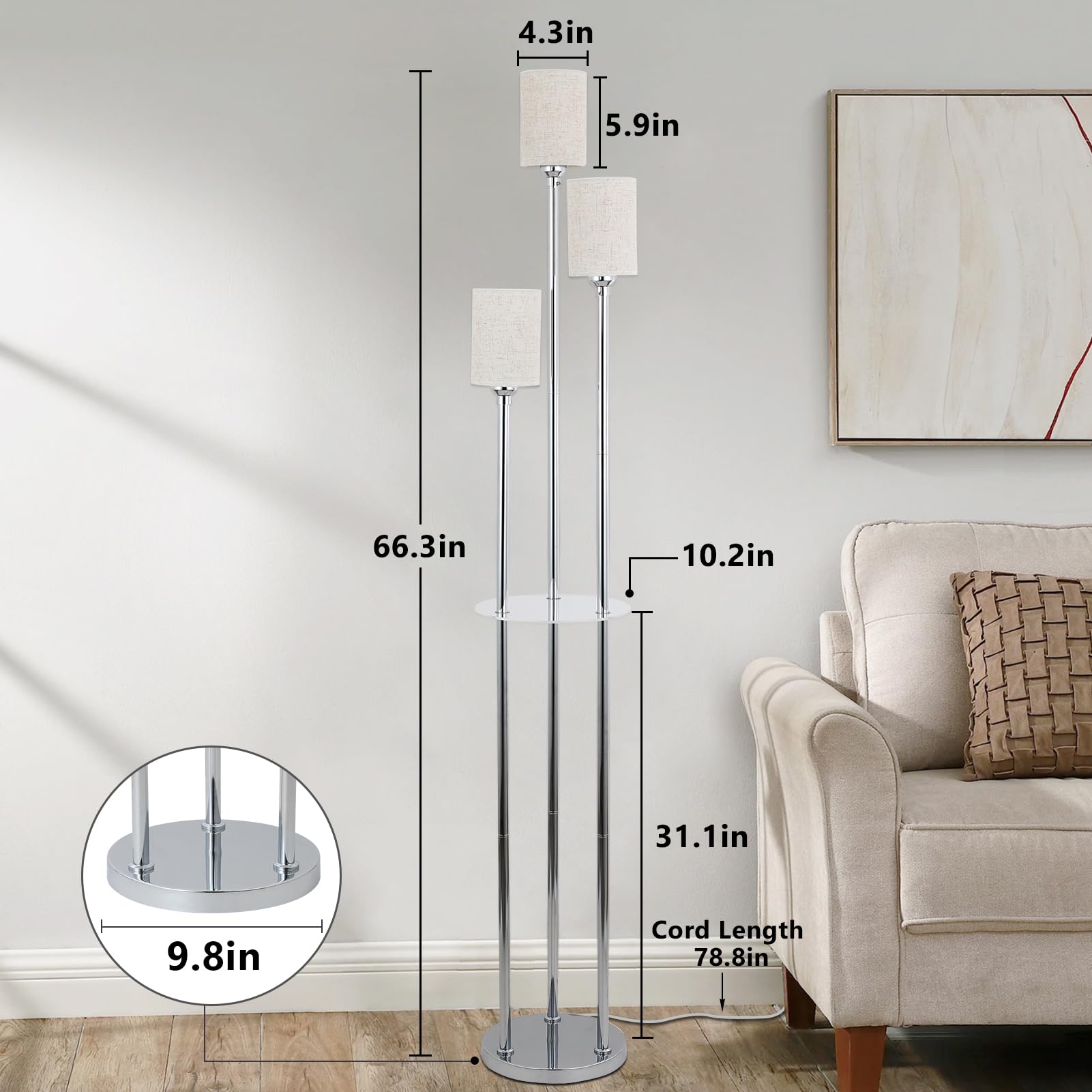 Stepeak Floor Lamps For Living Room, 3-Lights Modern Floor Lamp With Shelves, Chrome Standing Lamp With Fabric Shade And Foot Sw