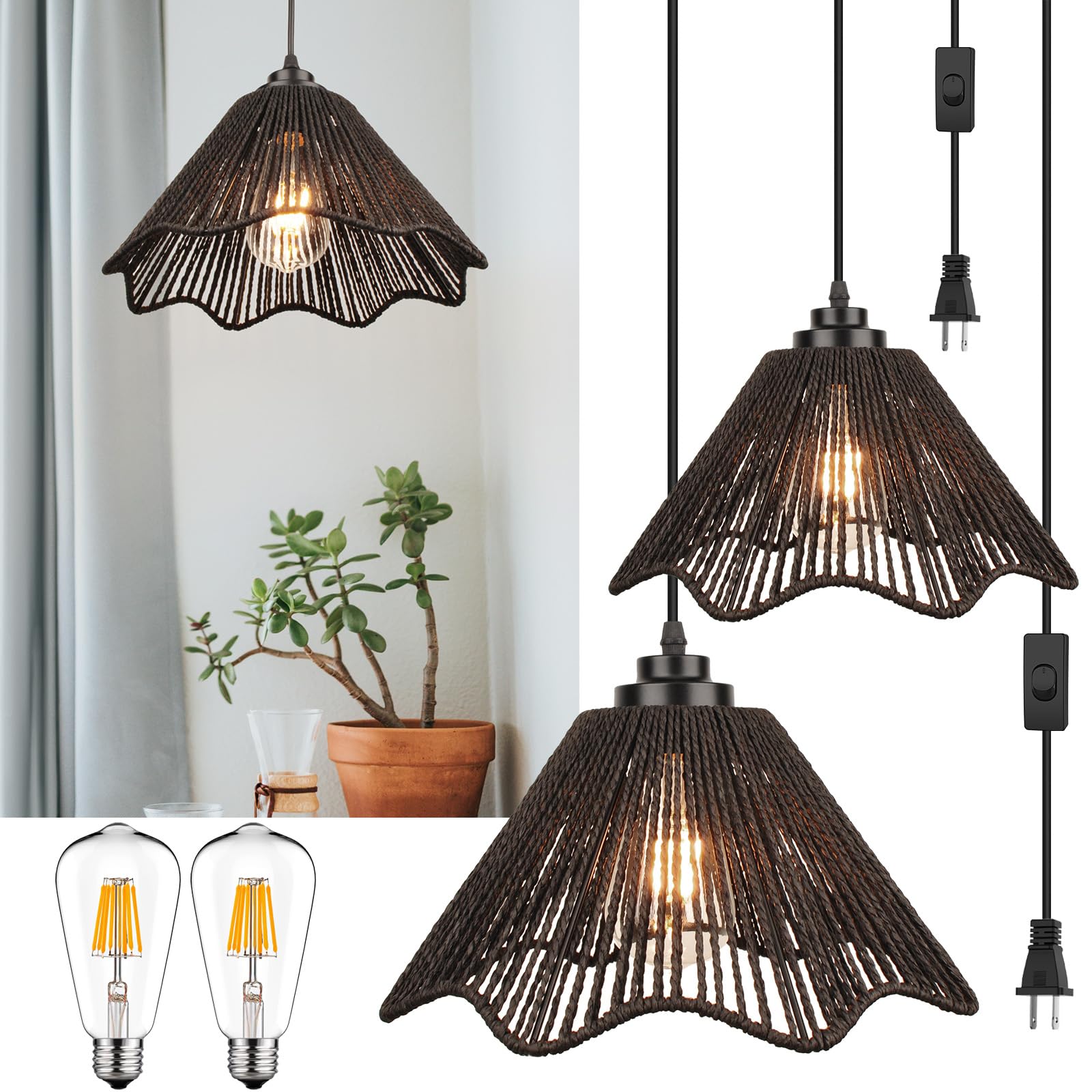 tebio Rattan Plug in Pendant Light Set of 2 (Bulbs Included), 12''x6'' Boho Hanging Lights with 13FT Black Hemp Plug-in Cord, On