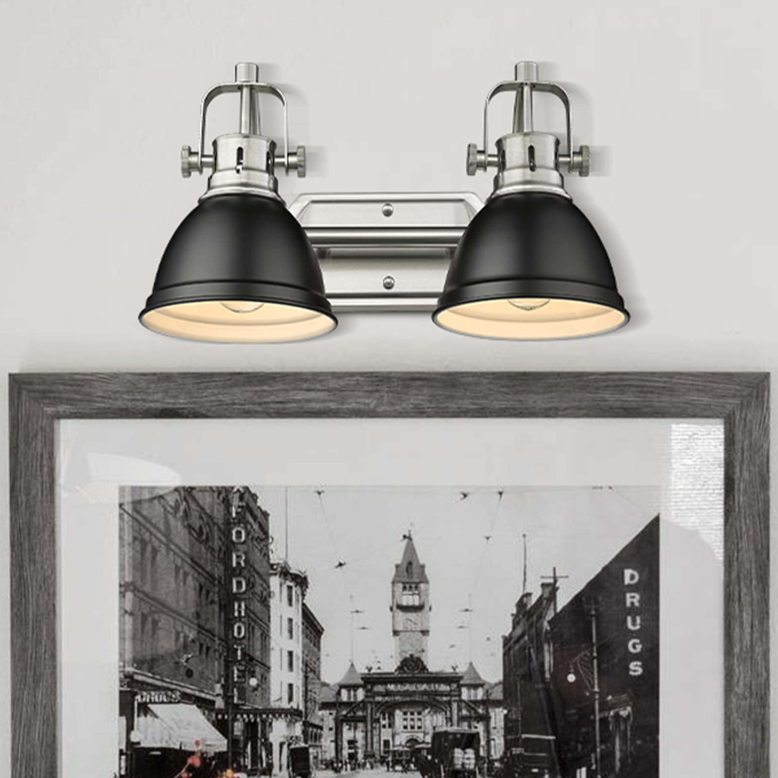 Emliviar Modern Vanity Light, Industrial 2-Light Bathroom Wall Light Fixtures, Black And Brushed Nickel Finish With Metal Shade,