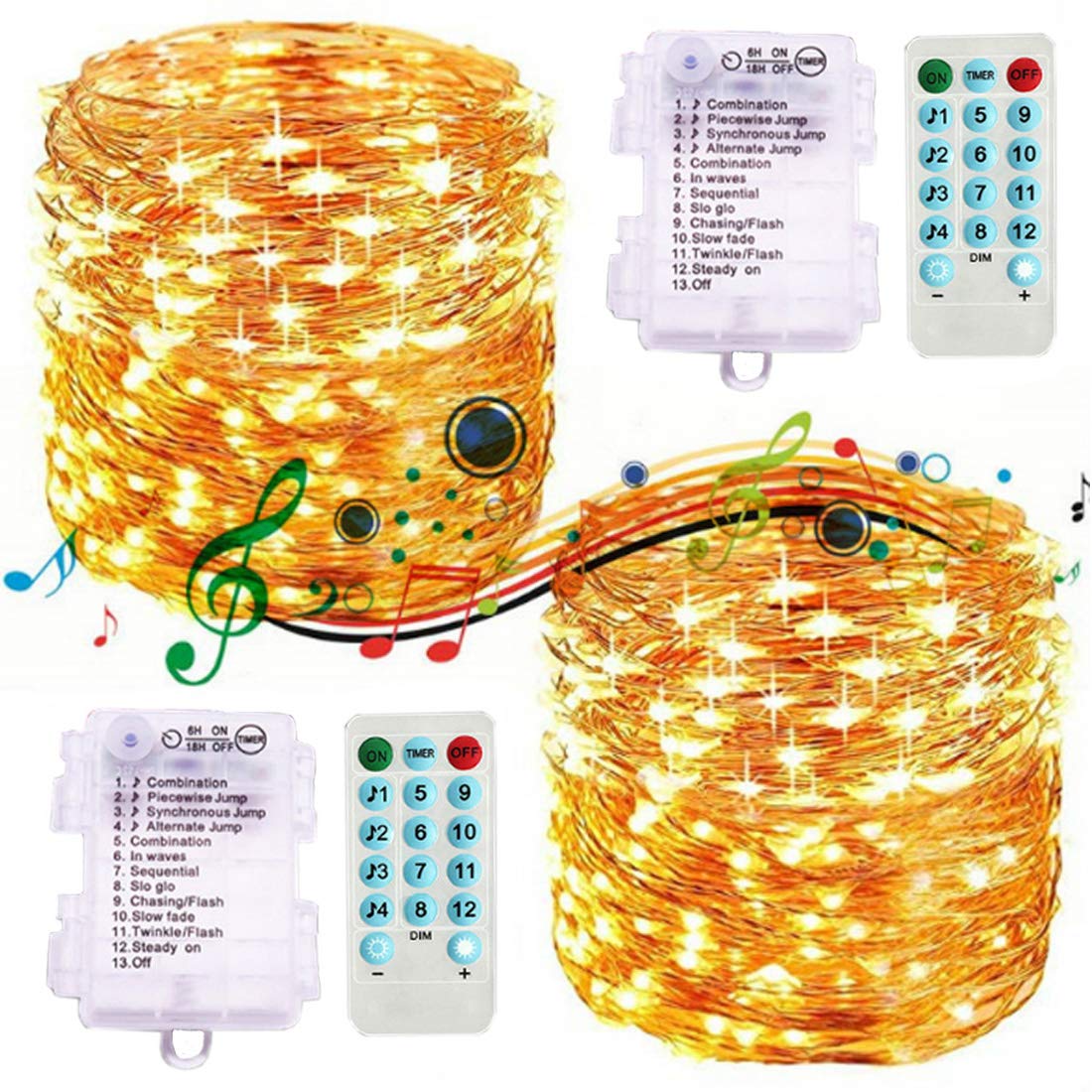 Amants01 2 Pack Sound Activated Music String Lights, 32.8ft, 100 LEDs, Warm White, Waterproof, Copper Wire, Remote Control