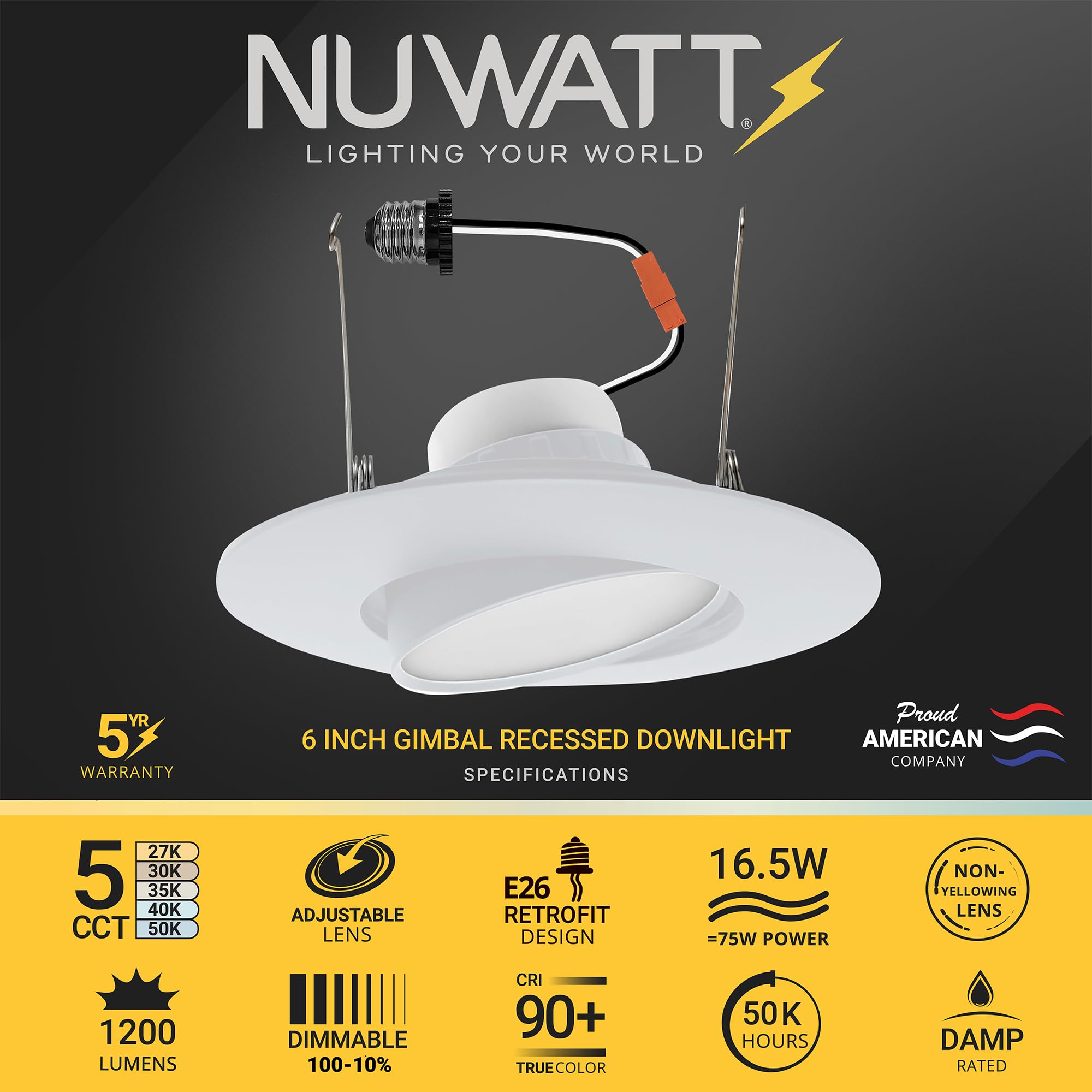 Nuwatt 6 Inch 6 Pack White Trim Retrofit Gimbal Led Recessed Downlight, High Lumen, 1200Lm, 16W, Selectable 5Cct 2700K,3000K,3500K,4000K,5000K Dimmable, Adjustable Lens Eyeball Light, Etl Listed