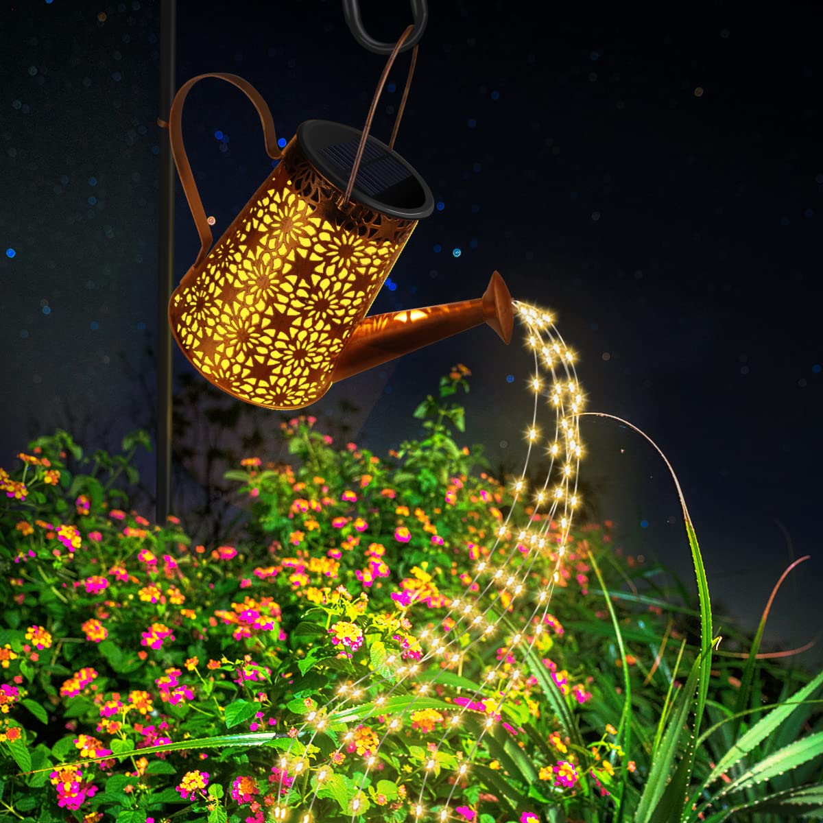 JORETLE Solar Watering Can with Lights, Bronze, 1 Pack, Brass & Metal, Model HE-28, Waterproof Outdoor Garden Lanterns
