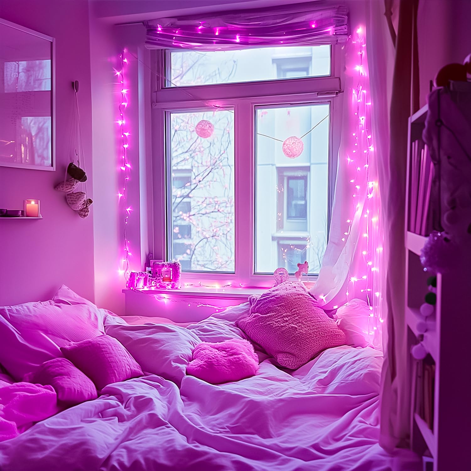 Pink String Lights Plug In - 200 Led Pink Christmas Lights Outdoor Waterproof, 66Ft Extendable Clear Wire Pink Lights For Valent