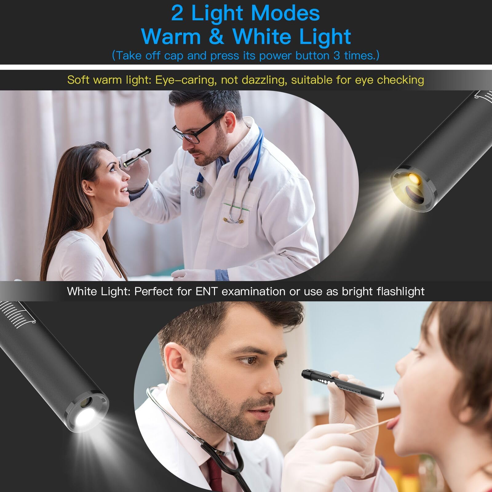 COSOOS Rechargeable Pen Lights - 2 Pack Mini LED Flashlights with Pupil Gauge & Ruler, USB-C, Stainless Steel, Warm/White Light