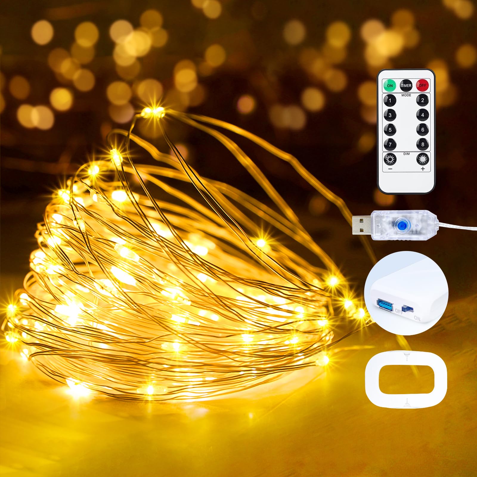 Yooumoga USB Fairy String Lights, 16ft 50 LED, Warm Color, Waterproof, with Remote & Timer, Battery Powered for Indoor Decor