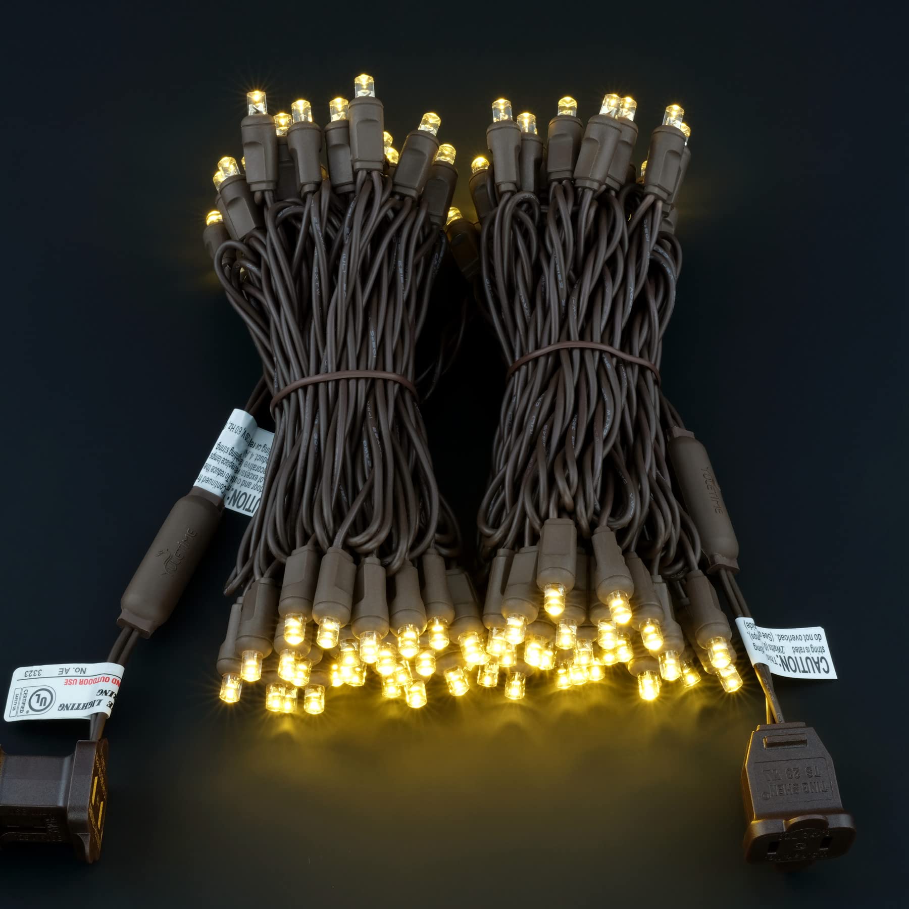 YULETIME 48ft Warm White LED Christmas Lights, 140 Count, Waterproof, Brown Wire, Model BDA-L-70E/2F