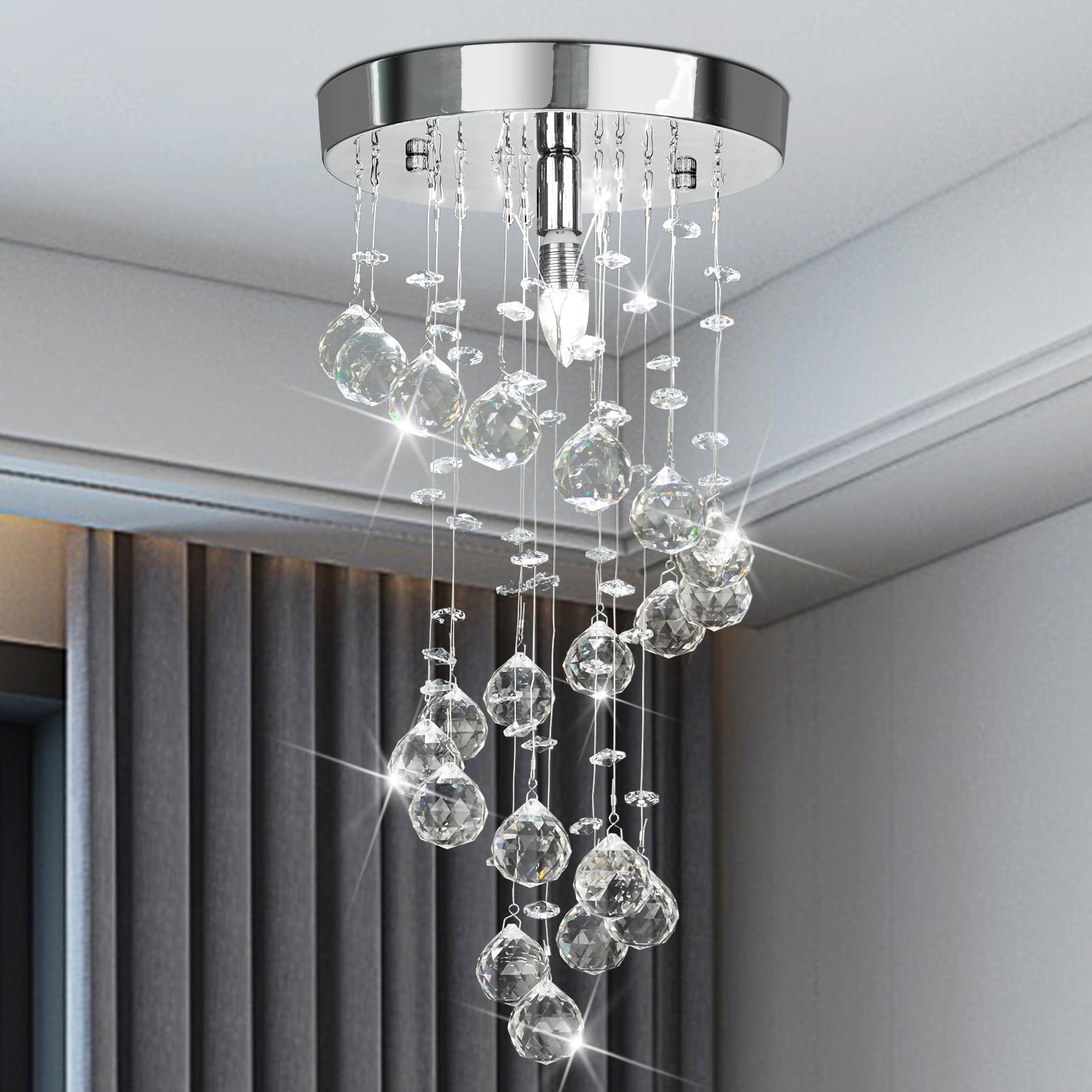 Elegant Spiral Flush Mount Chandelier, Modern Raindrop Chandelier Crystal Ball Chandeliers Fixture Pendant Ceiling Lamp Lighting Fixtures For Bedroom, Hallway, Livingroom, 8''X15.8'' Of Crystop