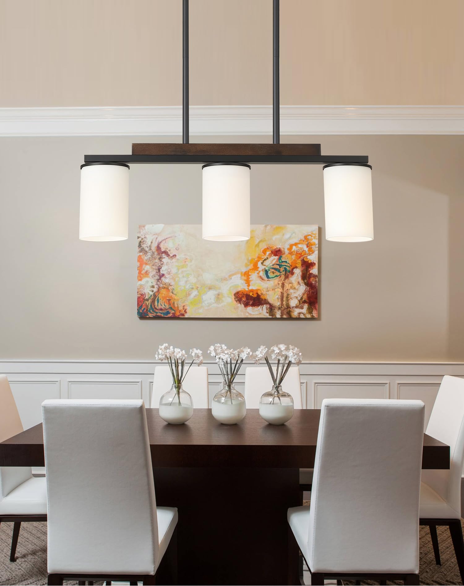 Mecgirn 3 Light Linear Chandelier - Black Pendant Light with Milk Glass Shade for Dining Room and Kitchen Island, Model D0016-3-M