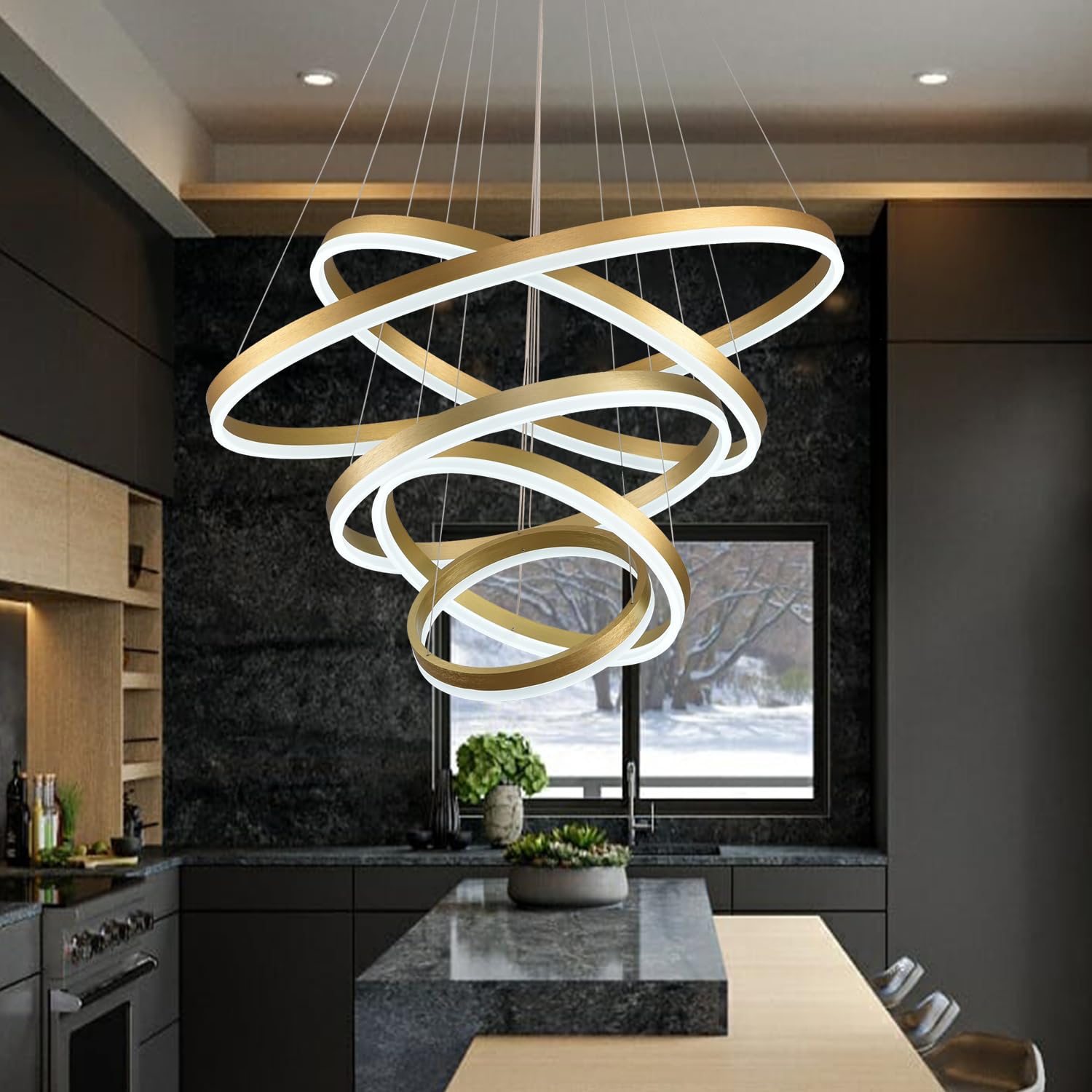 Embring Modern Led Chandelier 5 Rings Gold Chandeliers With Remote Control Dimmable Large Chandelier For High Ceiling Staircase Living Room Foyer 3000K-6000K Selectable