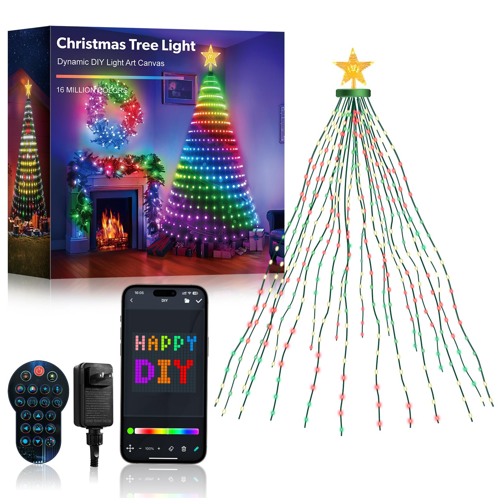 Super RGB 7Ft Smart Christmas Tree Lights, 400 LEDs DIY Animated Color Changing Light Show with Ring & Topper Star, Waterfall Xm