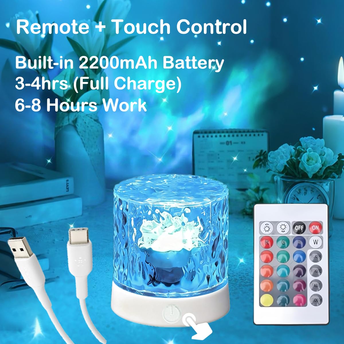 LamparaDecor Rechargeable Shower Light - Ocean Wave Projector, 3D Water Ripple, Battery Operated, Cordless for Bathroom Relaxation