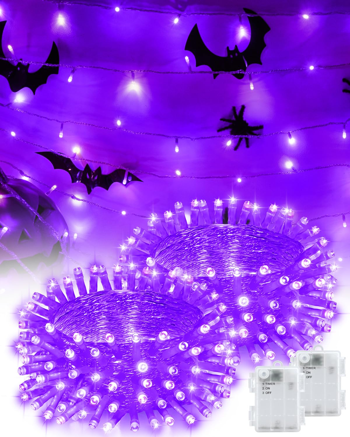 Kelumi Halloween String Lights Battery Operated  Purple Fairy Lights with Timer Waterproof 16.4ft 50 LED Halloween Decorations for Outdoor Indoor Patio Party Garden Yard Decor 2 Packs