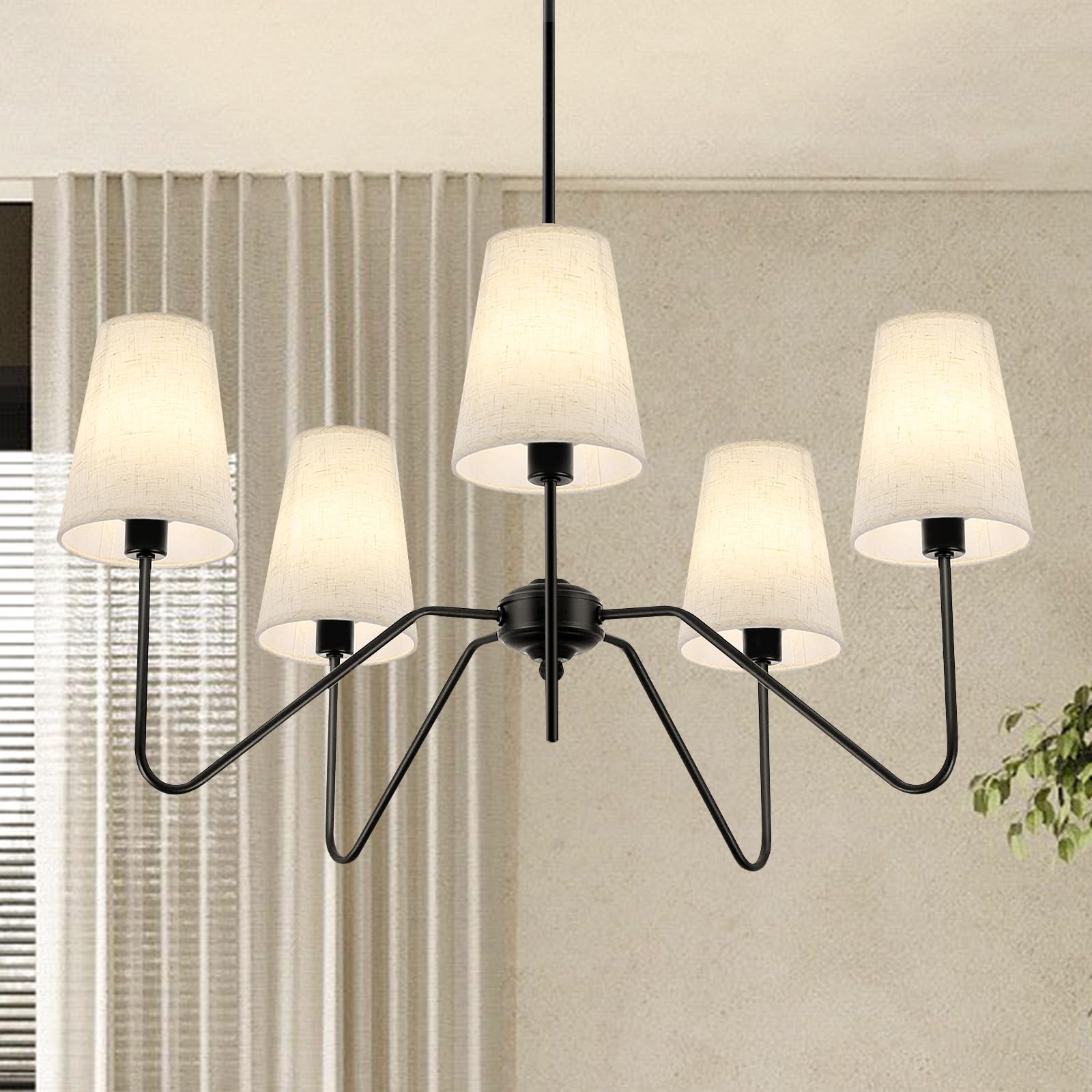 Fiyueoyi 5-Light Modern Chandeliers, Pendant Lights Fixture With Linen Beige Fabric Shade For Living Room Dining Room Bedroom Hallway Entryway, Height Adjustable,E12