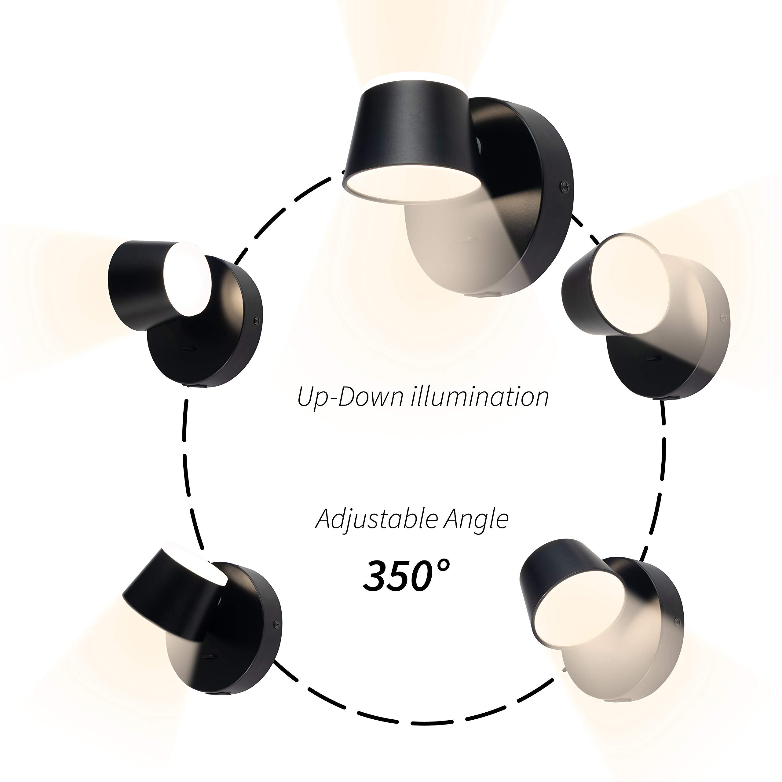 URSOLA LED Wall Sconce Set of Two, Hardwired 350° Rotatable, USB Charging, Black, Model 7540-1T
