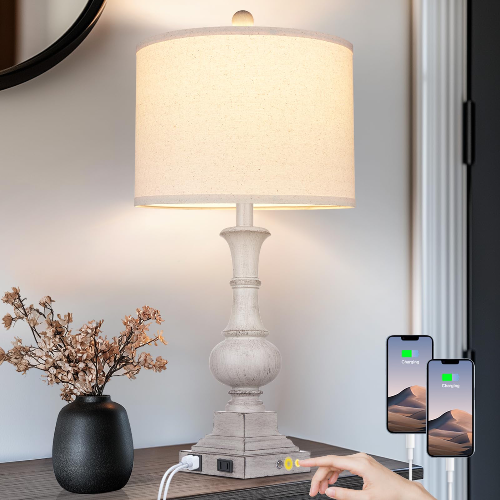 26'' Farmhouse Lamp with 2 USB Ports & AC Outlet, Vintage Rustic Touch Control Bedside Lamp, Resin 3-Way Dimmable Nightstand Lam
