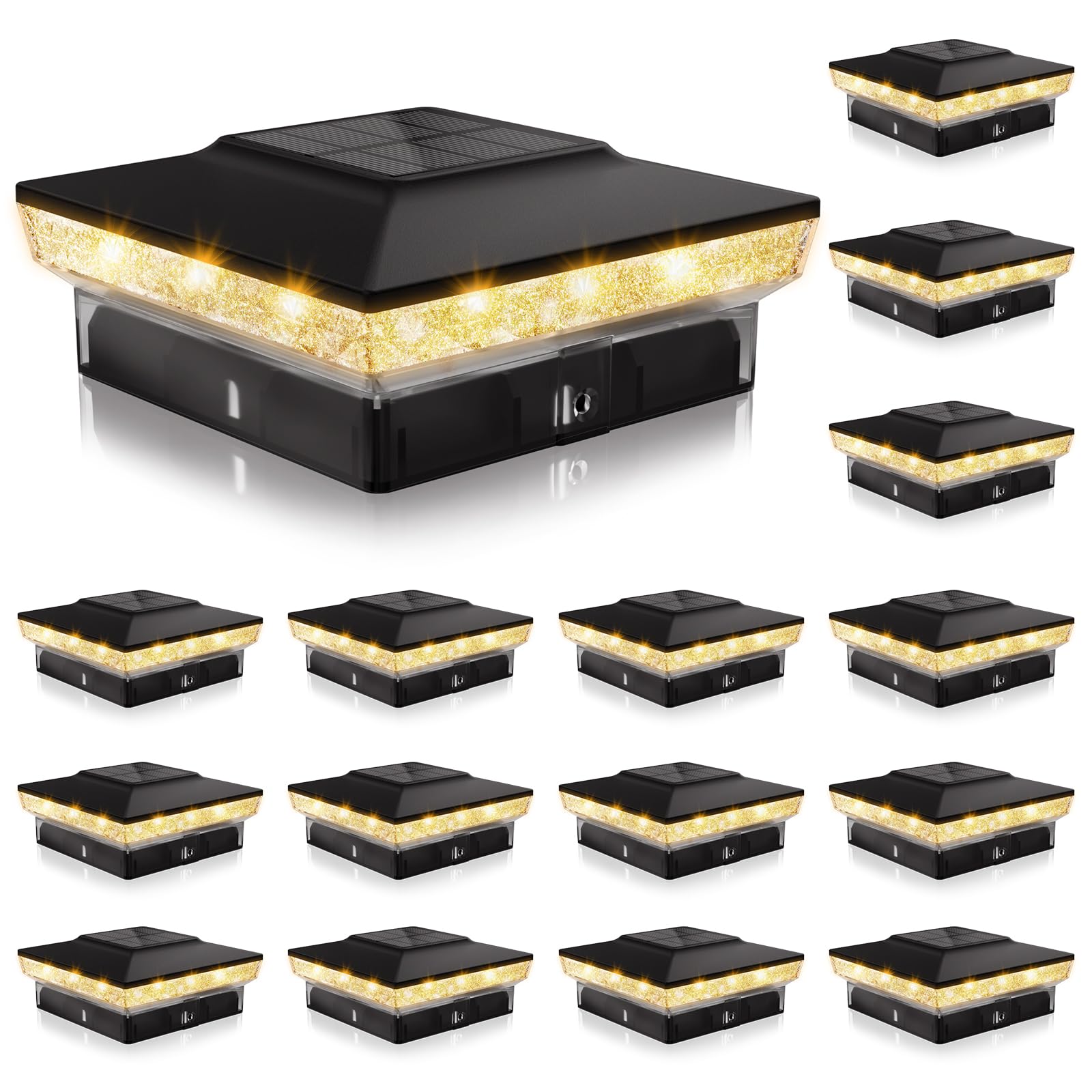 VOLISUN Solar Post Cap Lights, 4x4 Solar Deck Post Lights Outdoor, IP64 Waterproof Deck Post Lights Solar Powered (16 Pack Black