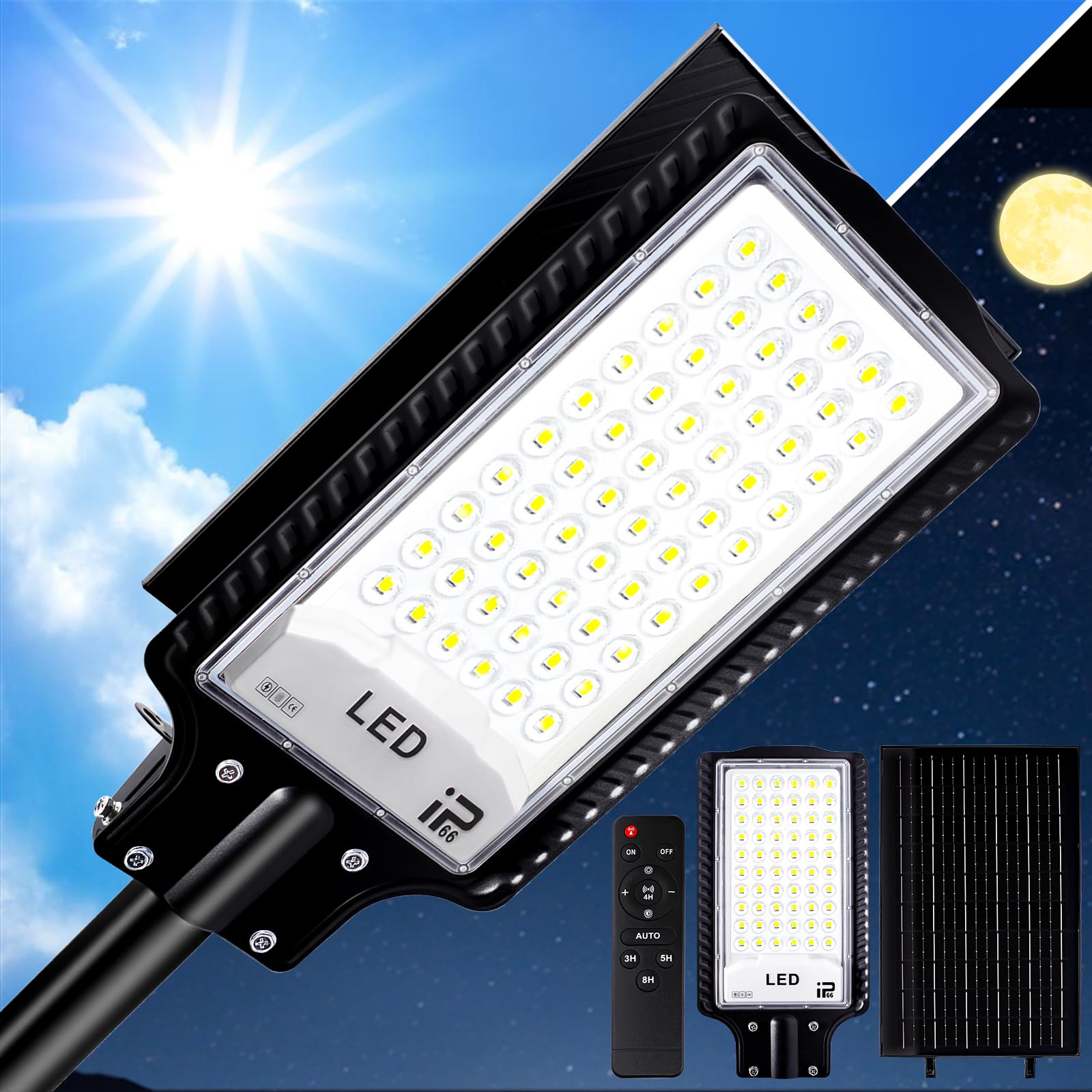 Eleganted Solar Lights Outdoor, 50000LM LED Flood Lights, Dusk to Dawn, Waterproof with Remote Control, Black, Model JJL-CAXFSTL01