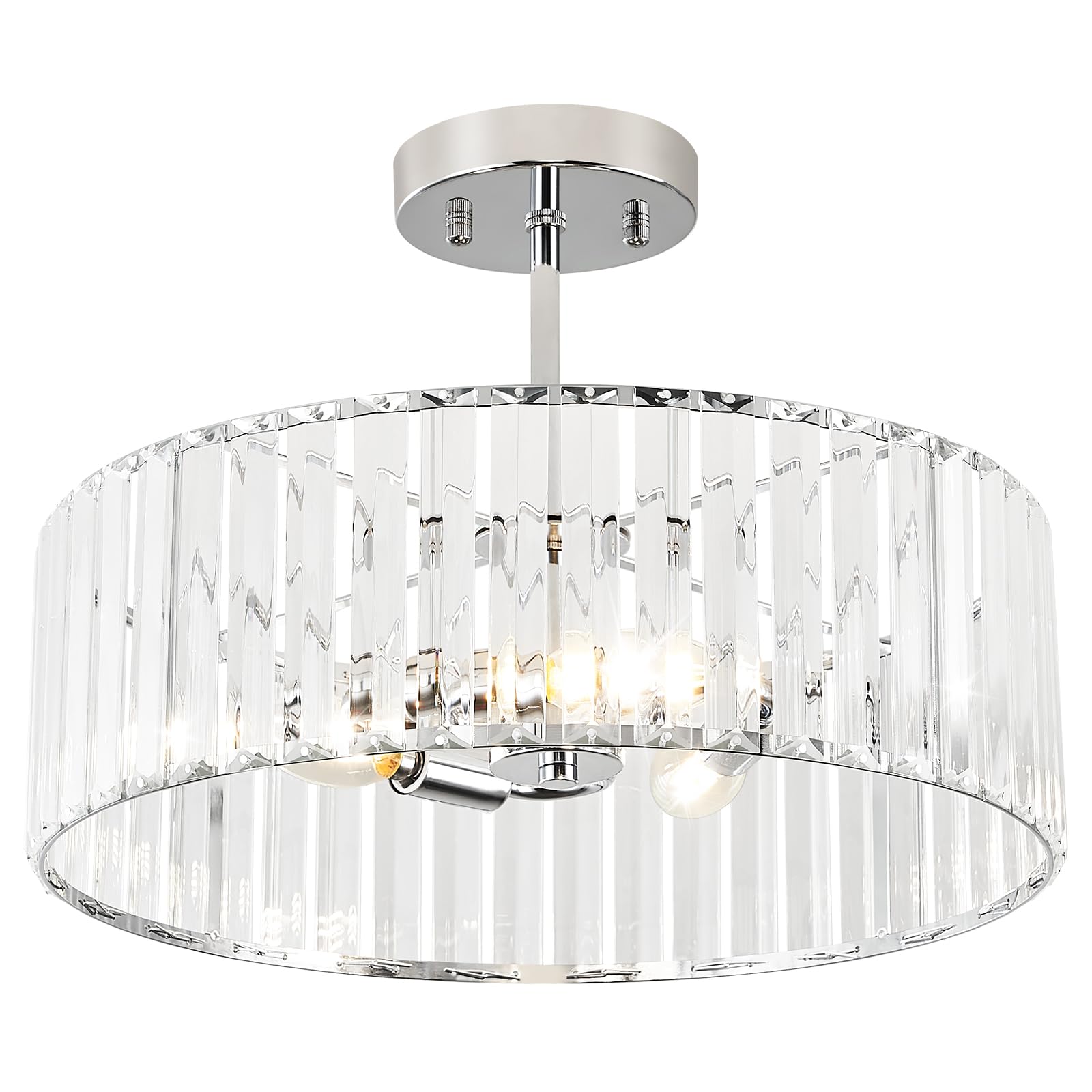 Pevfah Crystal Semi Flush Mount Ceiling Light Fixture, Chrome Modern 3-Light Chandelier Lighting, Round Ceiling Lights for Livin