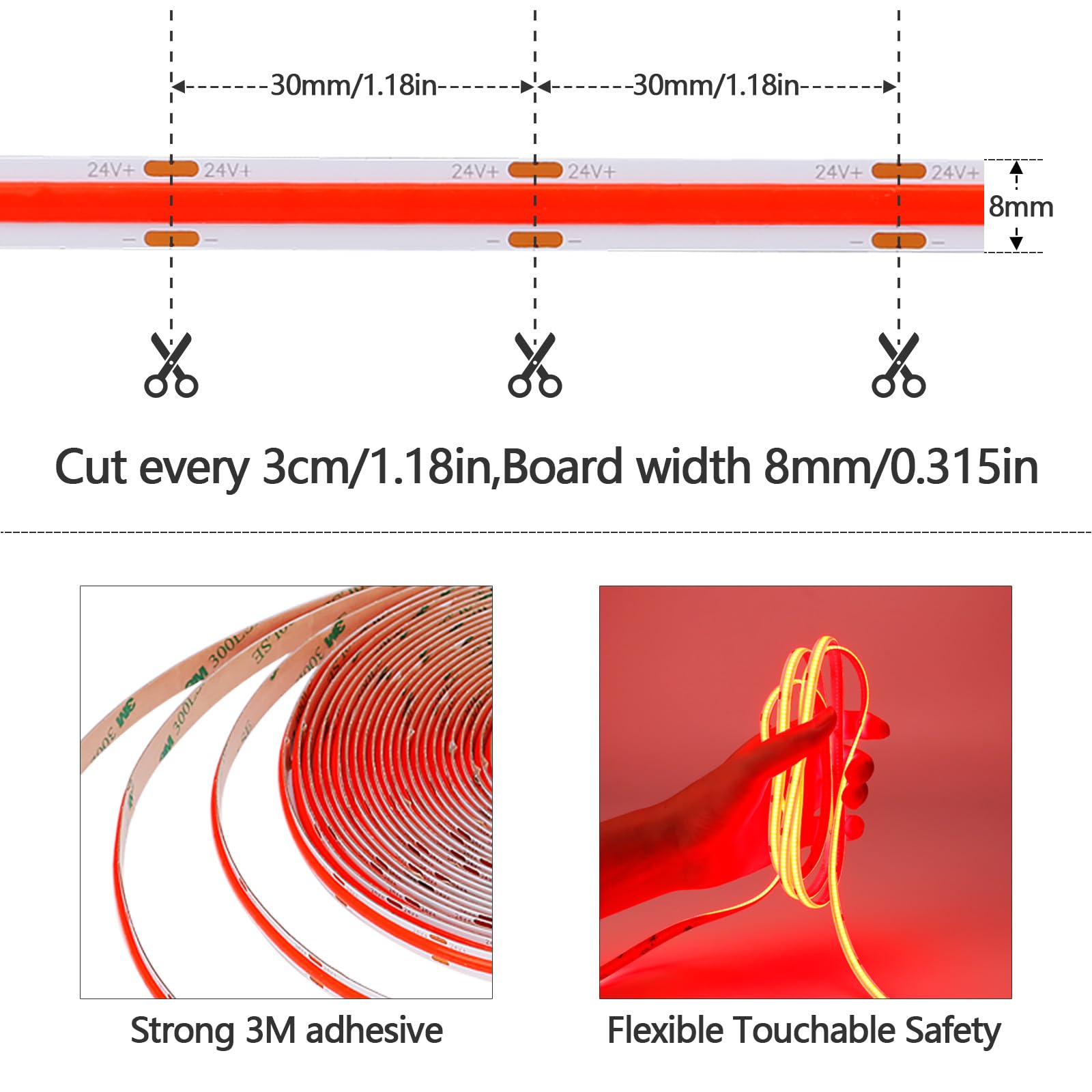 Kxzm 32.8Ft/10M 24V Red Cob Led Strip Light 3840Leds Uniform Glow Dotless Ip20 Not Waterproof Flexible Led Tape Lights For Diy C