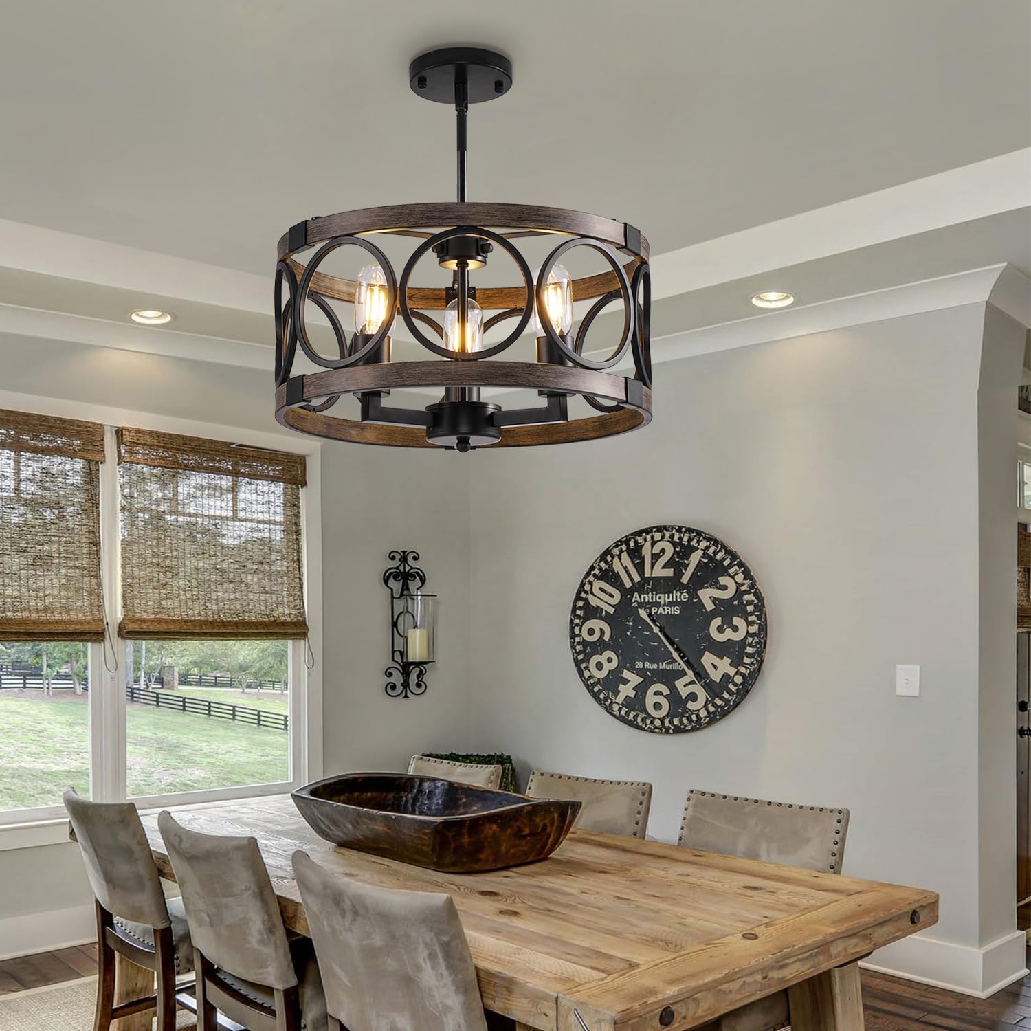 Shiandar 15.7'' Drum Chandelier, 3-Light Adjustable Height Round Dining Roomchandeliers, Black Light Fixture Ceiling Mount Wood Grain Finish, Farmhouse Ceiling Light Fixture For Hallway