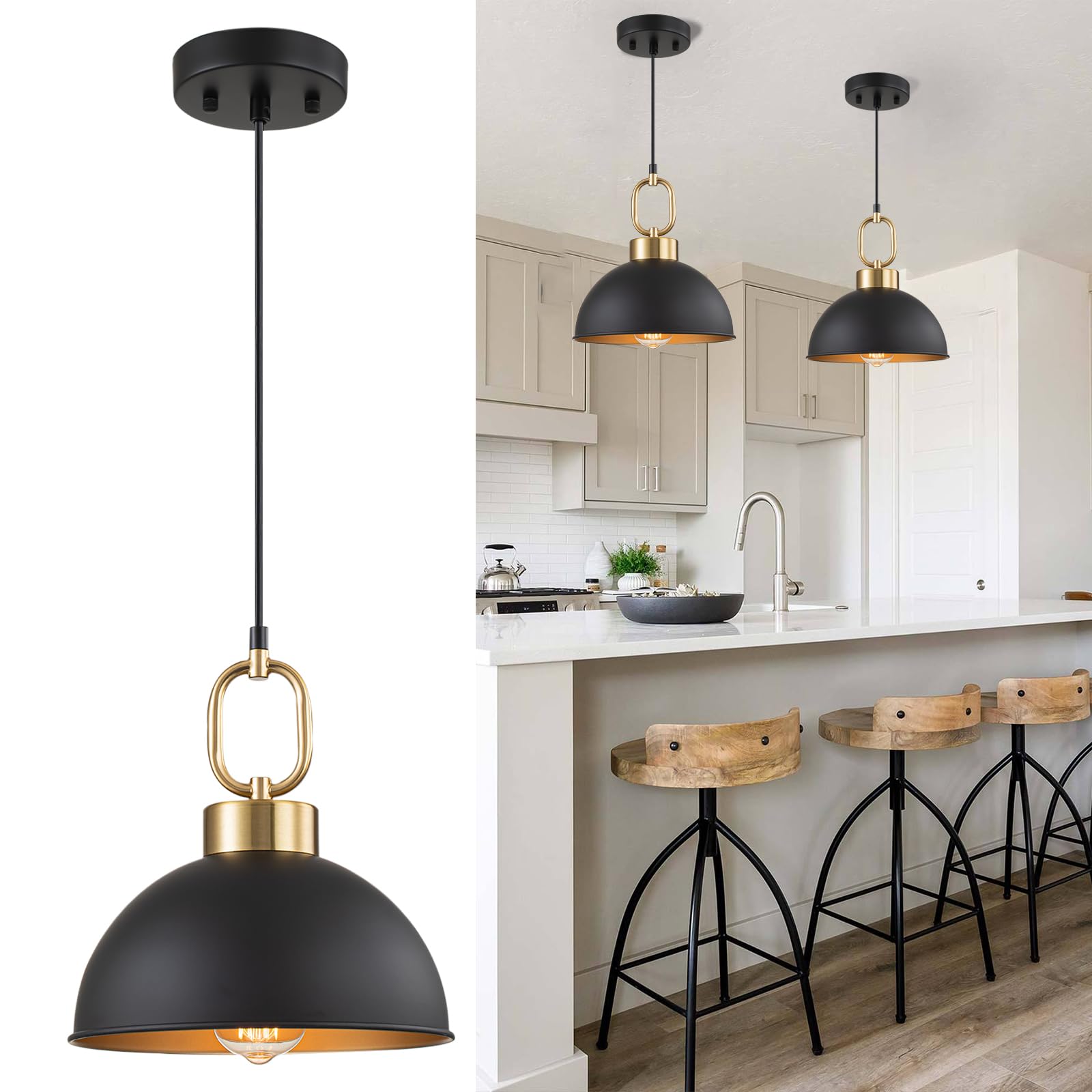 TinHon Farmhouse Pendant Light Fixture, Metal, 10.2in, Black with Gold Handle, Adjustable Height, Vintage Shade, Model ZP063PL01