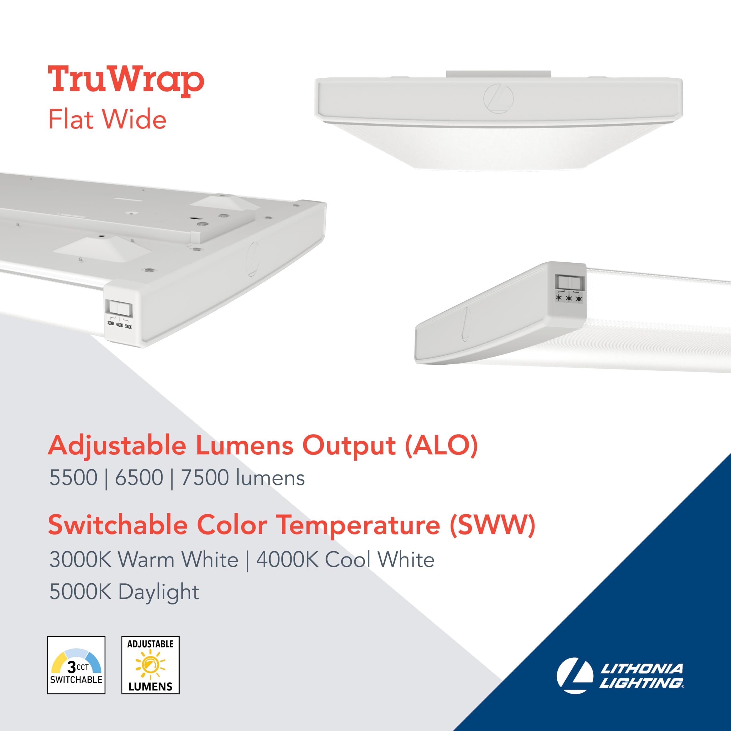Lithonia Lighting Truwrap 4 Foot Led Ceiling Light Fixture  Low-Profile Wraparound Led Shop Light  Adjustable Lumens  Selectable Warm White/Cool White/Daylight Color  Flat Diffuser  Wide Width