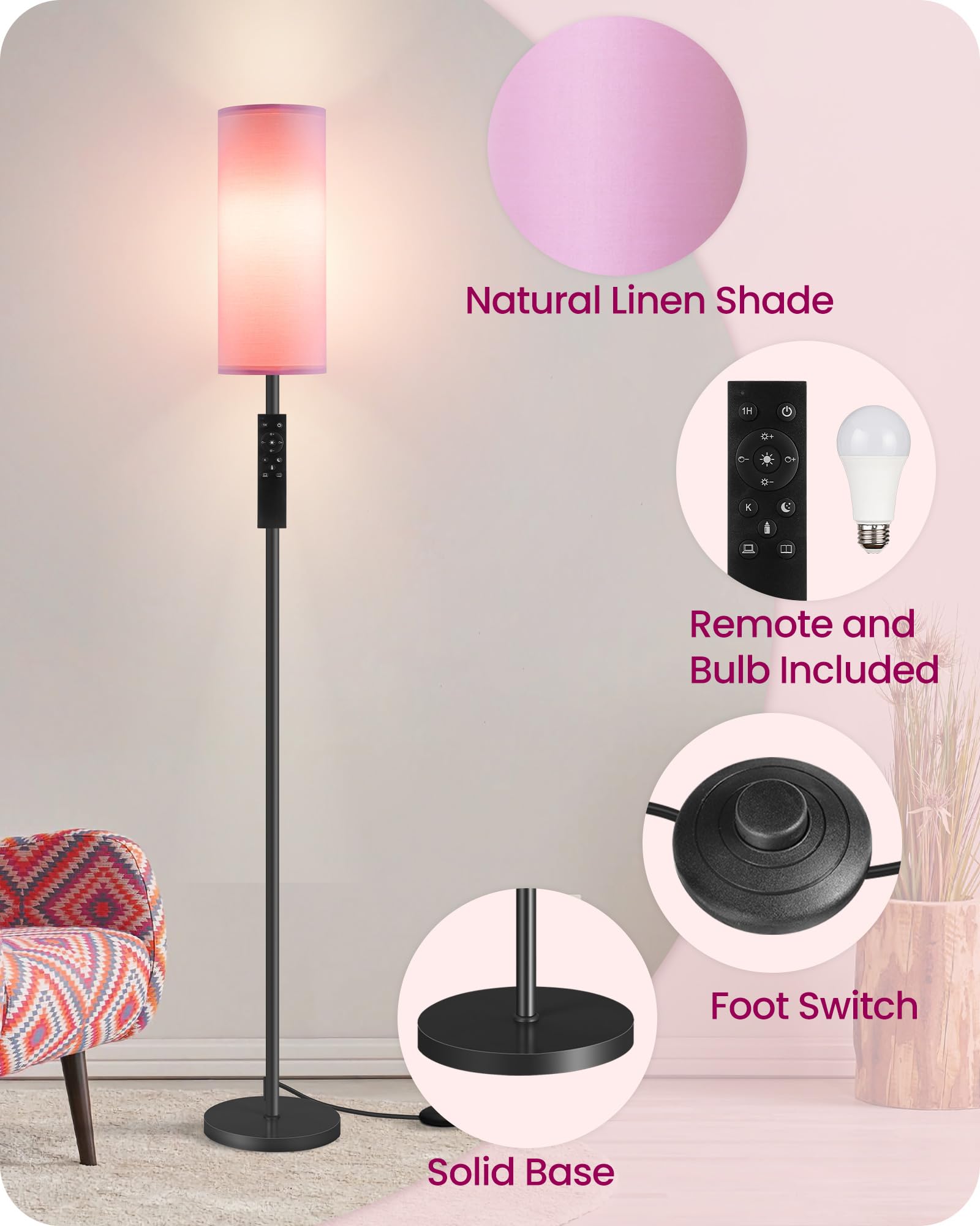 Dimmable Pink Floor Lamp For Living Room With Remote And Foot Switch, Corner Floor Lamp For Bedroom, 66'' Standing Tall Lamp, 10