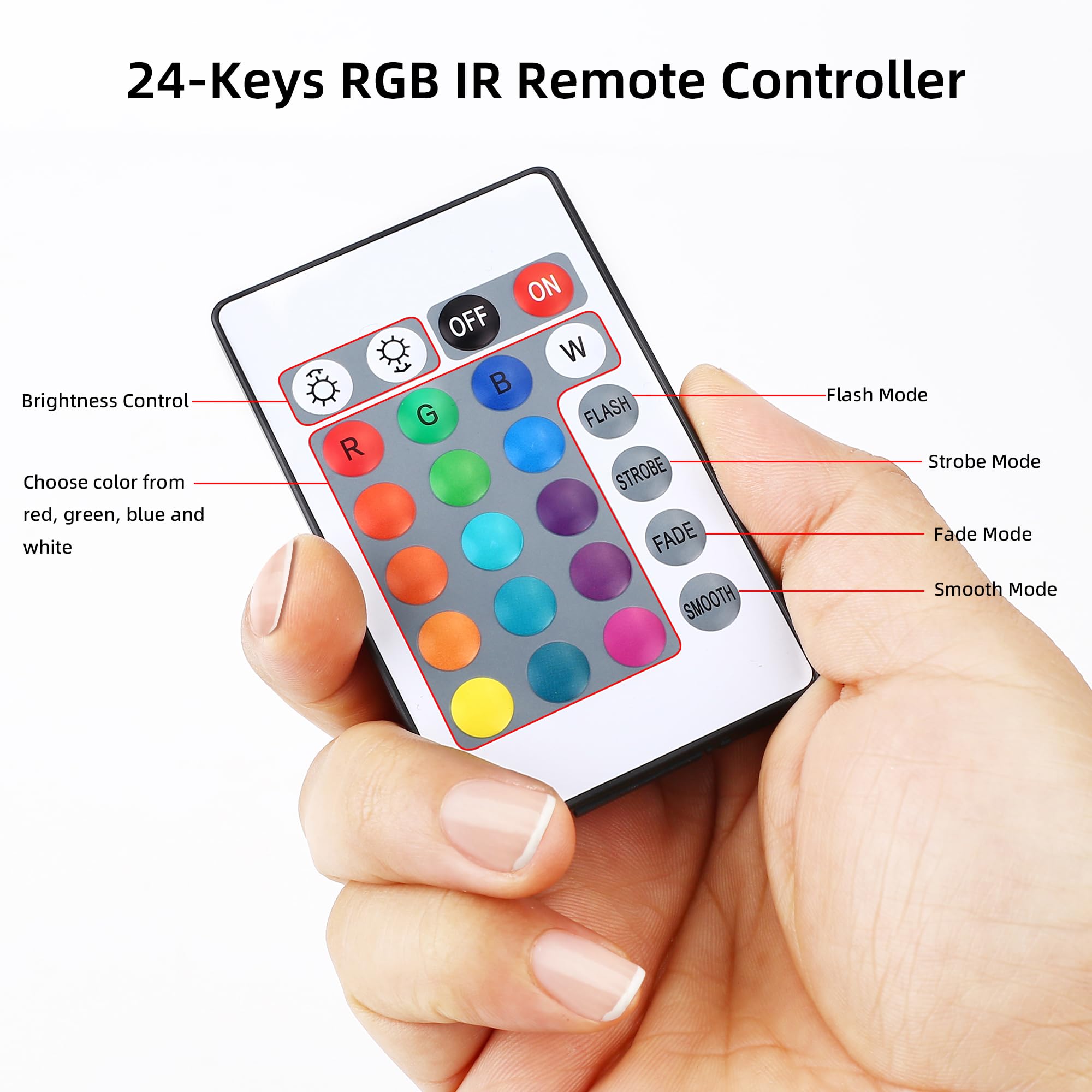 RGBZONE 5V USB RGB LED Controller with IR Remote, 1M 4-PIN for 5050 2835 5630 LED Strip Lights, 24 Keys, Plastic