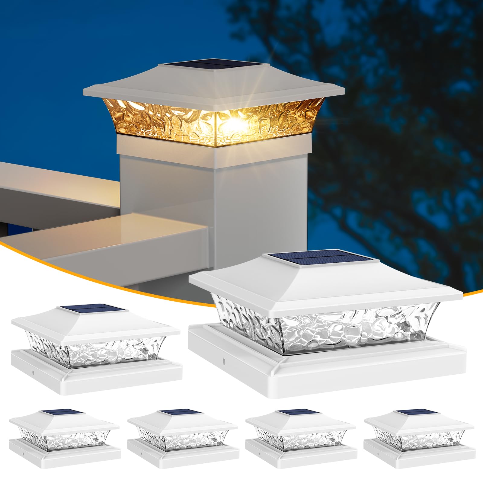 APONUO 5x5 Solar Post Cap Lights White for Vinyl Fence,White Solar Post Cap Lights 2 Color Mode Outdoor Waterproof for Fence Pos