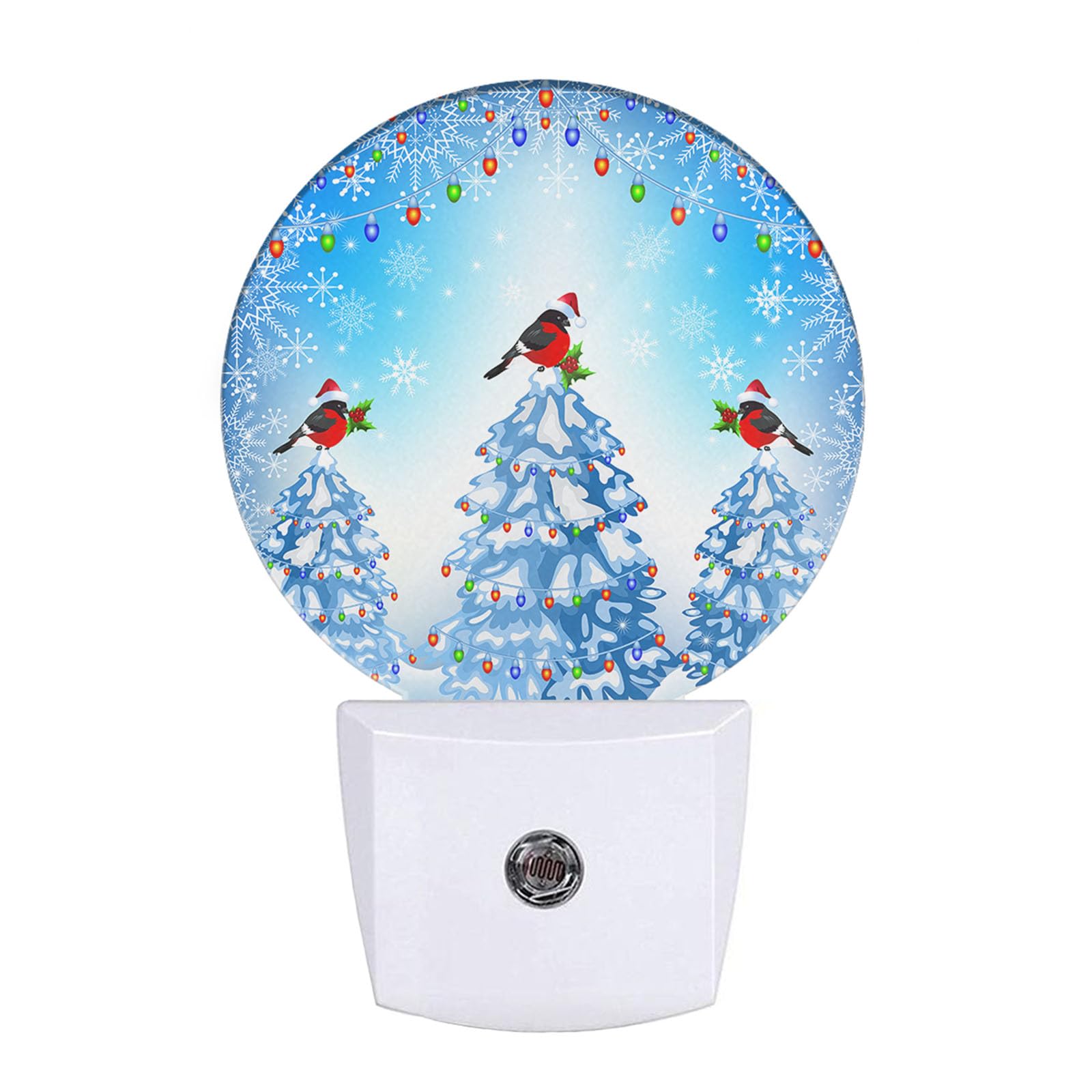 EKOBLA Winter Pine Tree LED Night Light Bullfinches Cute Birds with Red Christmas Hat Snowflakes Night Lamp Home Auto Sensor LED