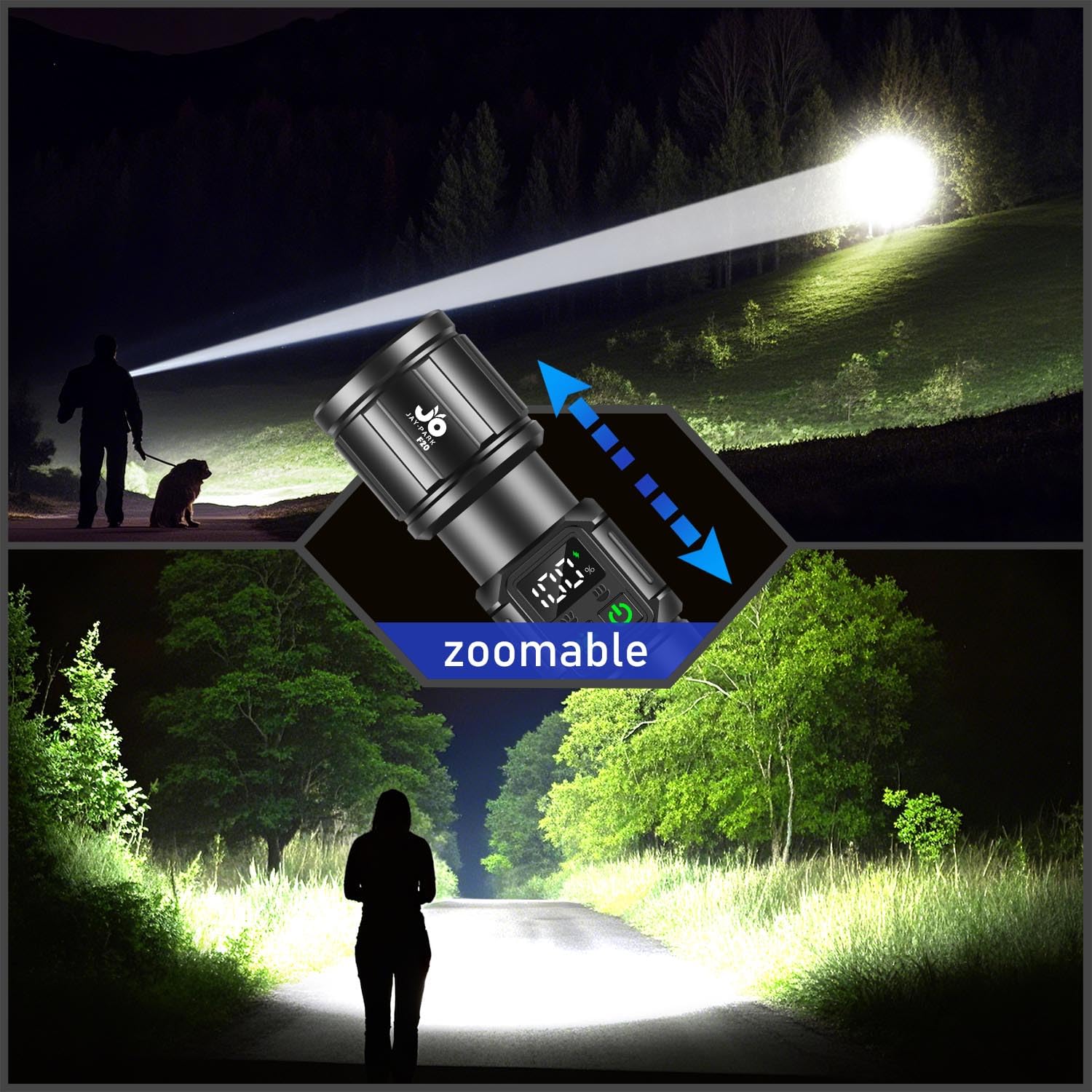 JAY-PARK High Lumens Rechargeable Flashlight 100000 Lumens, 9 Modes, Small Gray Aluminum, Model F20